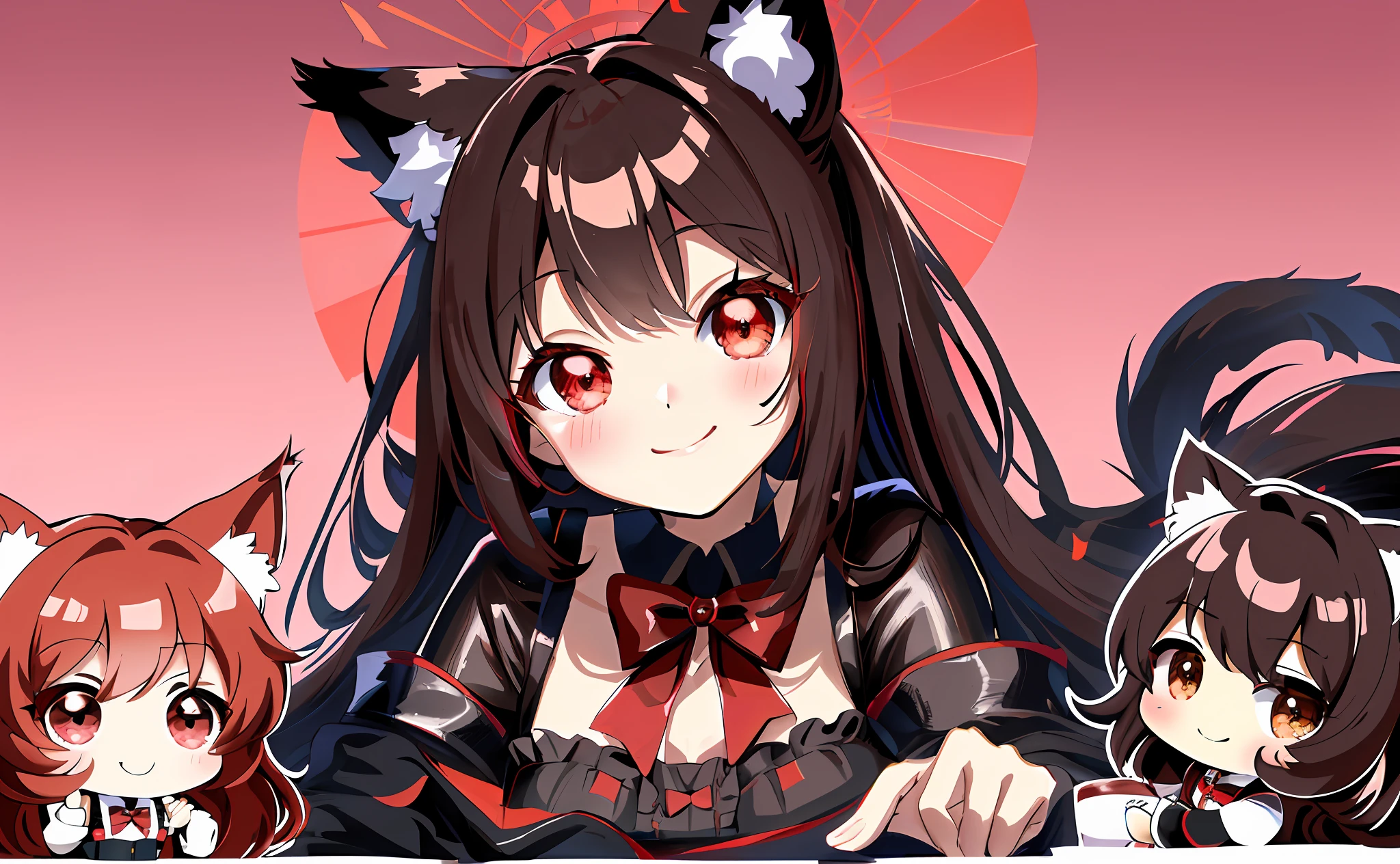 (Chibi Chibi: 1.3), Solo, full body, wearing shiny red and black maid clothes, highly detailed face, (smile: 1.3), lively, (gravure pose: 1.4), beautiful detailed eyes, looking up, (eye to eye), light brown long hair, cat ears, near future, masterpiece, top quality, highly detailed 8k wallpaper