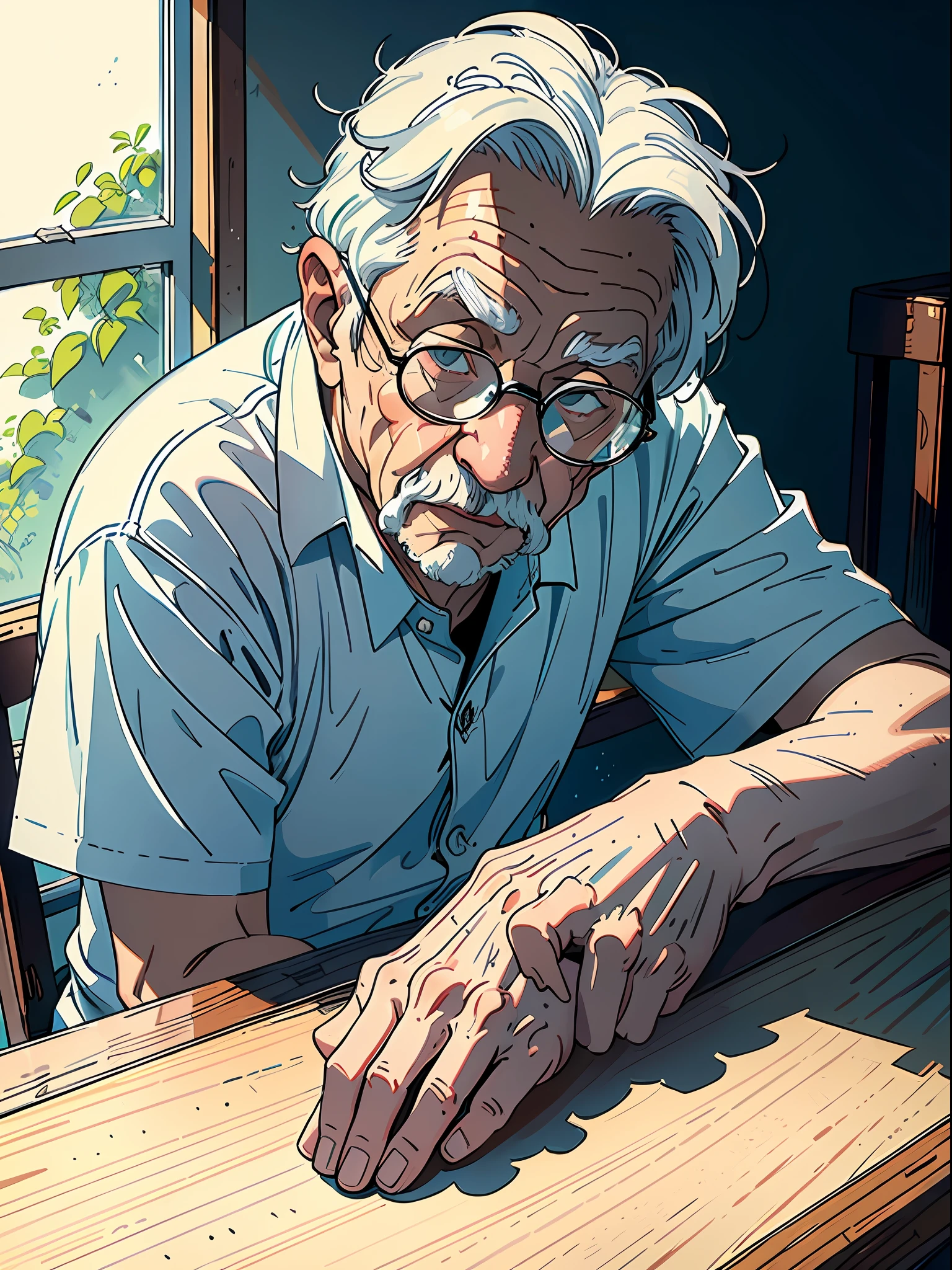 ((Masterpiece)),((Best Quality))),((Ultra Detail)),((Illustration)),Long Shot,Wide Angle Shooting,An Old Man with a wrinkled face, a face full of vicissitudes, white hair, sitting on a stool at home,