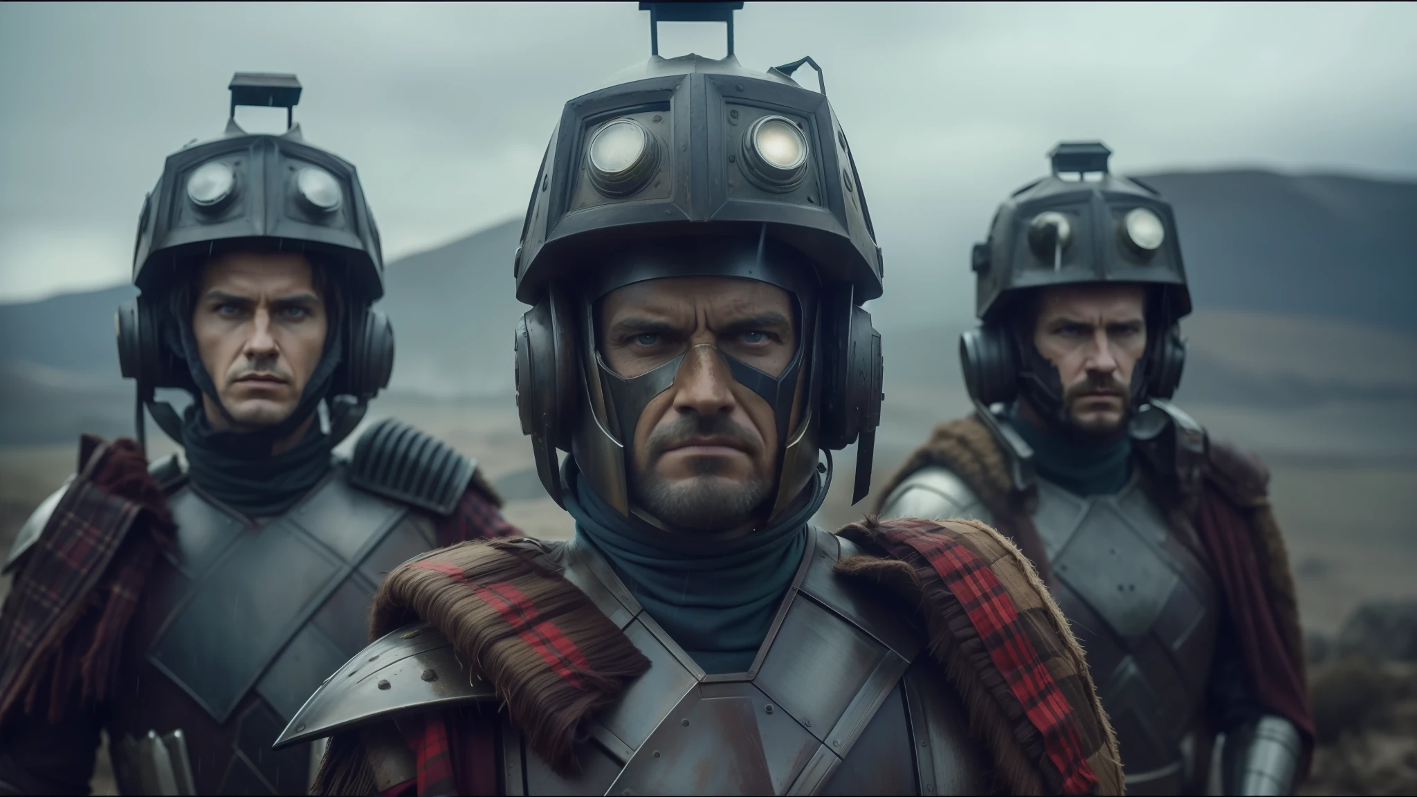 There are three men dressed in armor and helmets standing in the rain, Stefan Gesell, a character based on a haggis, still from the movie Dune-2021, Plaid Costume, Netflix series Death + Robots, Corrected Faces, Miners, closeup of character art, Breastplate