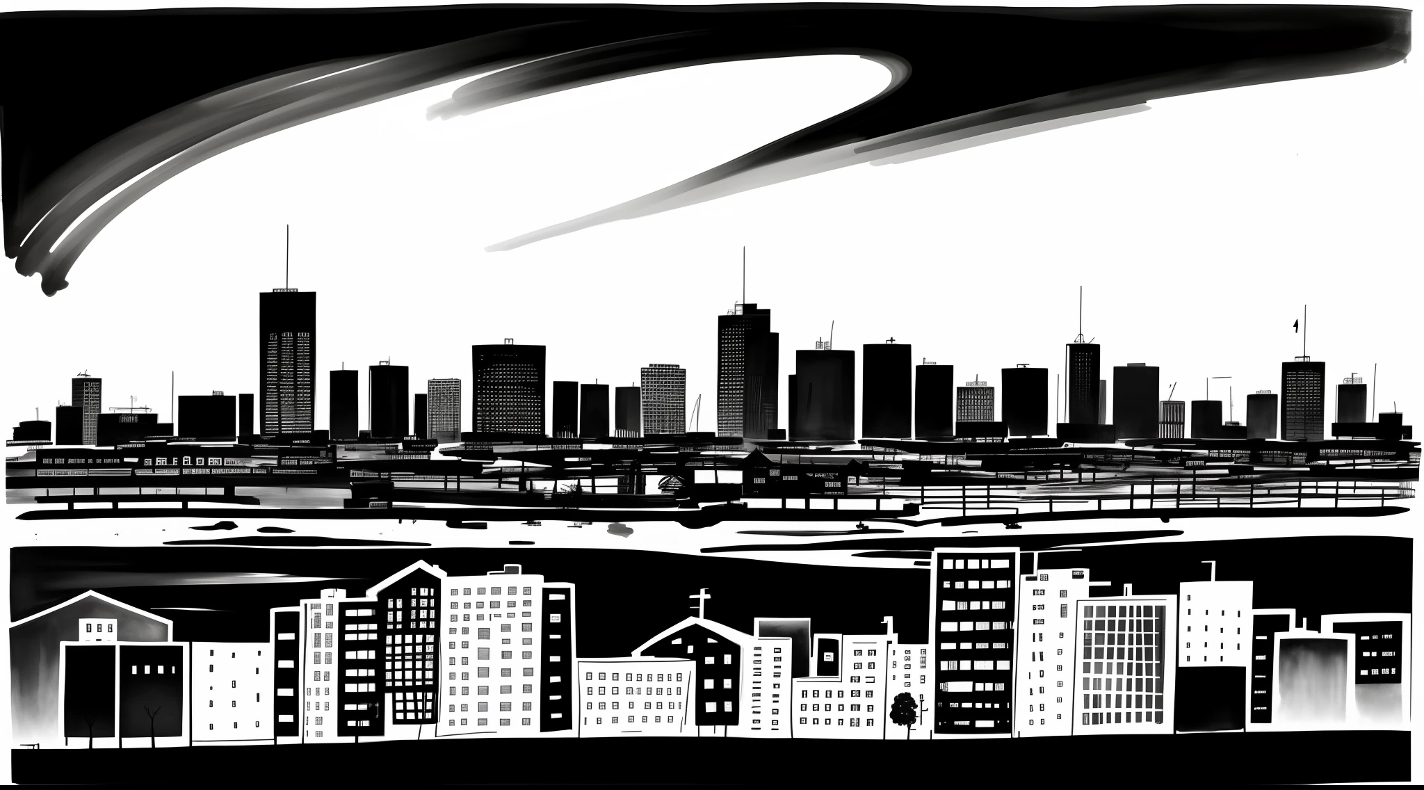 ((silhouette)) suburb of a city, simple strokes, ((black and white)), minimalist, Drawing of a poor neighborhood, using brush drawing techniques and sumi-e