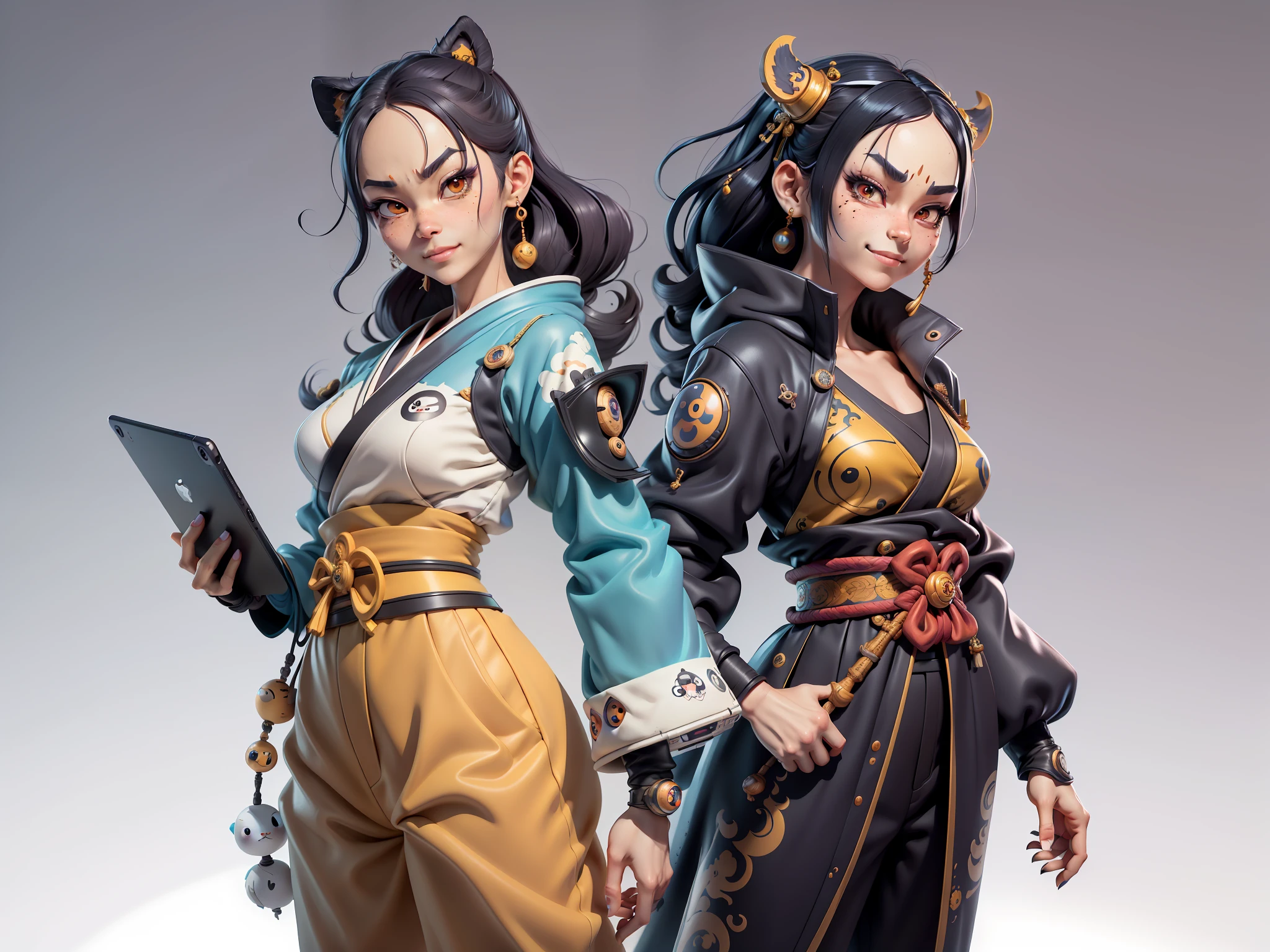 (Masterpiece), (Extreme Quality), (Super Meticulous), (Full Body: 1.2), Super Young Woman, Japanese Female Geisha, Beauty, Chinese Dragon, Tiger, Fengshen Thor, Sexy, Bursting, Oriental Face, TV Anchor, Bust Portrait Illustration, Alone, Black Suit, Blue Tie, Slightly Chubby, Very Clean Face, No Beard, Black Super Short Hair, Black Eyes, Confident Smile, 3c Computer Sub-Products, iPad, iPhone, Digital Painting, 3D character design by Mark Clairedon and Pixar and Hayao Miyazaki and Akira Toriyama, the illustrations are HD illustrations in 4K resolution with highly detailed facial features and cartoon-style visuals.