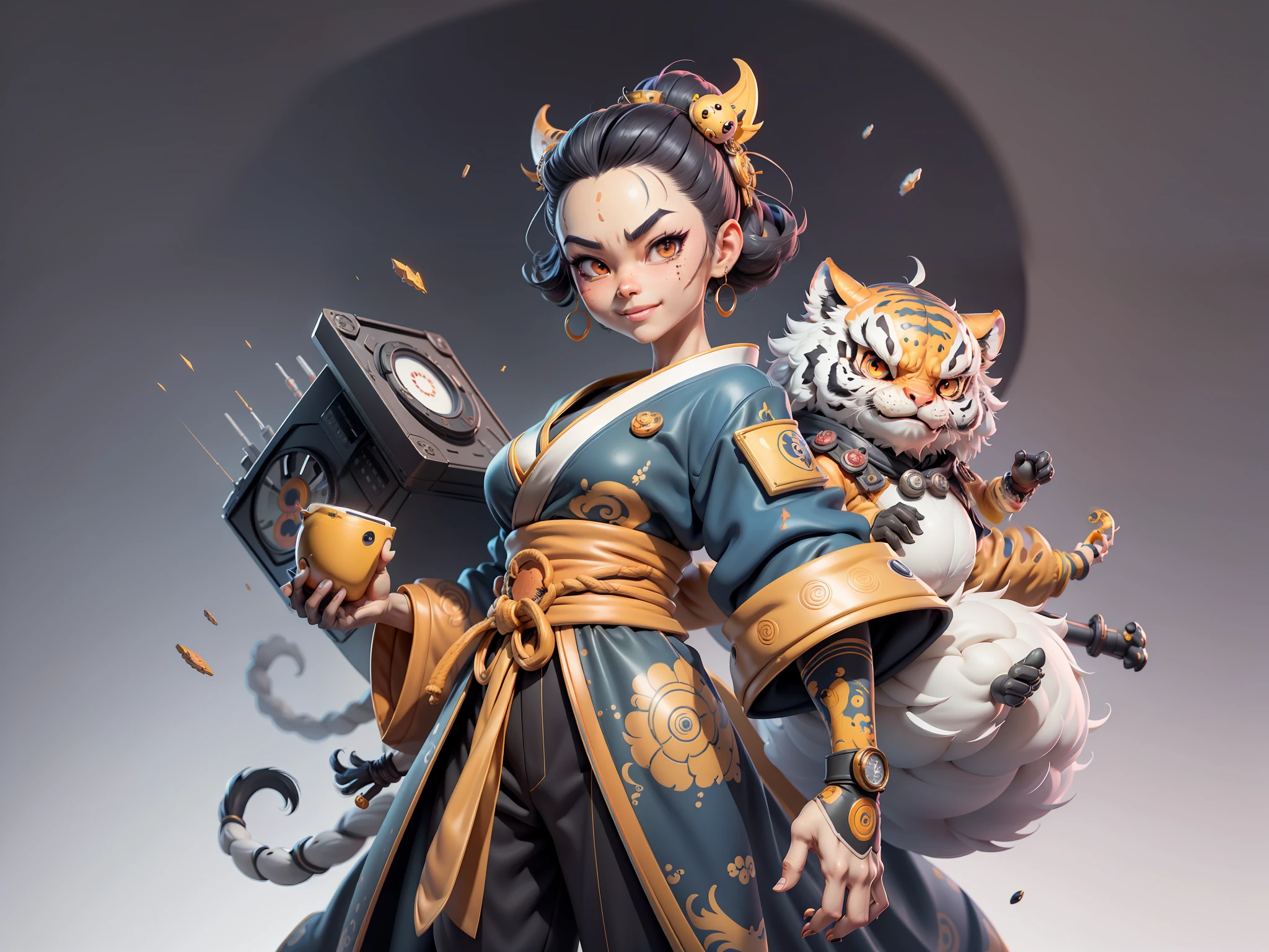 (Masterpiece), (Extreme Quality), (Super Meticulous), (Full Body: 1.2), Super Young Woman, Japanese Female Geisha, Beauty, Chinese Dragon, Tiger, Fengshen Thor, Sexy, Bursting, Oriental Face, TV Anchor, Bust Portrait Illustration, Alone, Black Suit, Blue Tie, Slightly Chubby, Very Clean Face, No Beard, Black Super Short Hair, Black Eyes, Confident Smile, 3c Computer Sub-Products, iPad, iPhone, Digital Painting, 3D character design by Mark Clairedon and Pixar and Hayao Miyazaki and Akira Toriyama, the illustrations are HD illustrations in 4K resolution with highly detailed facial features and cartoon-style visuals.