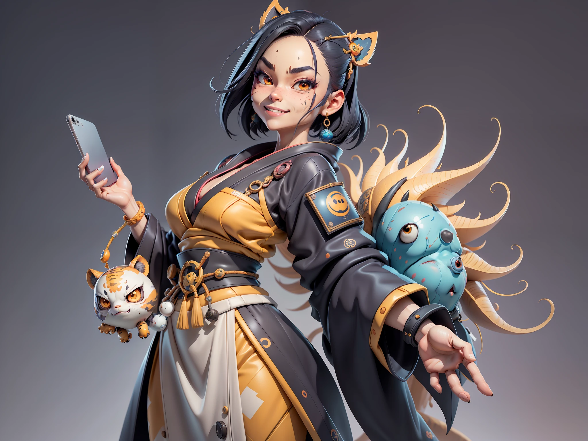 (Masterpiece), (Extreme Quality), (Super Meticulous), (Full Body: 1.2), Super Young Woman, Japanese Female Geisha, Beauty, Chinese Dragon, Tiger, Fengshen Thor, Sexy, Bursting, Oriental Face, TV Anchor, Bust Portrait Illustration, Alone, Black Suit, Blue Tie, Slightly Chubby, Very Clean Face, No Beard, Black Super Short Hair, Black Eyes, Confident Smile, 3c Computer Sub-Products, iPad, iPhone, Digital Painting, 3D character design by Mark Clairedon and Pixar and Hayao Miyazaki and Akira Toriyama, the illustrations are HD illustrations in 4K resolution with highly detailed facial features and cartoon-style visuals.