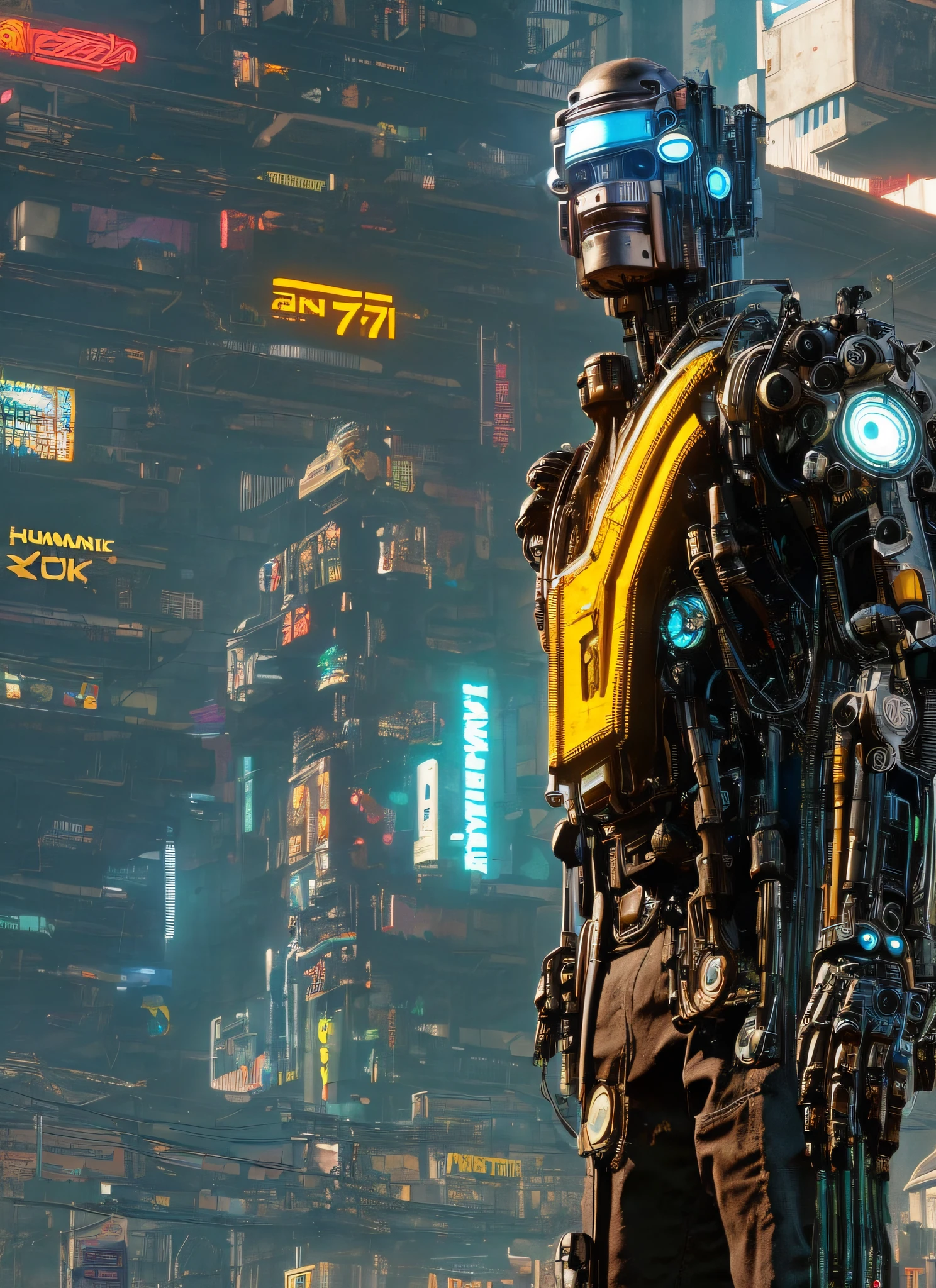 (Humanoid:1.3), (human size:1.1), solo, 1 robot, (old militech robot from cyberpunk 2077), visible wires, rusted, cyberpunk, detailed, high quality, realistic