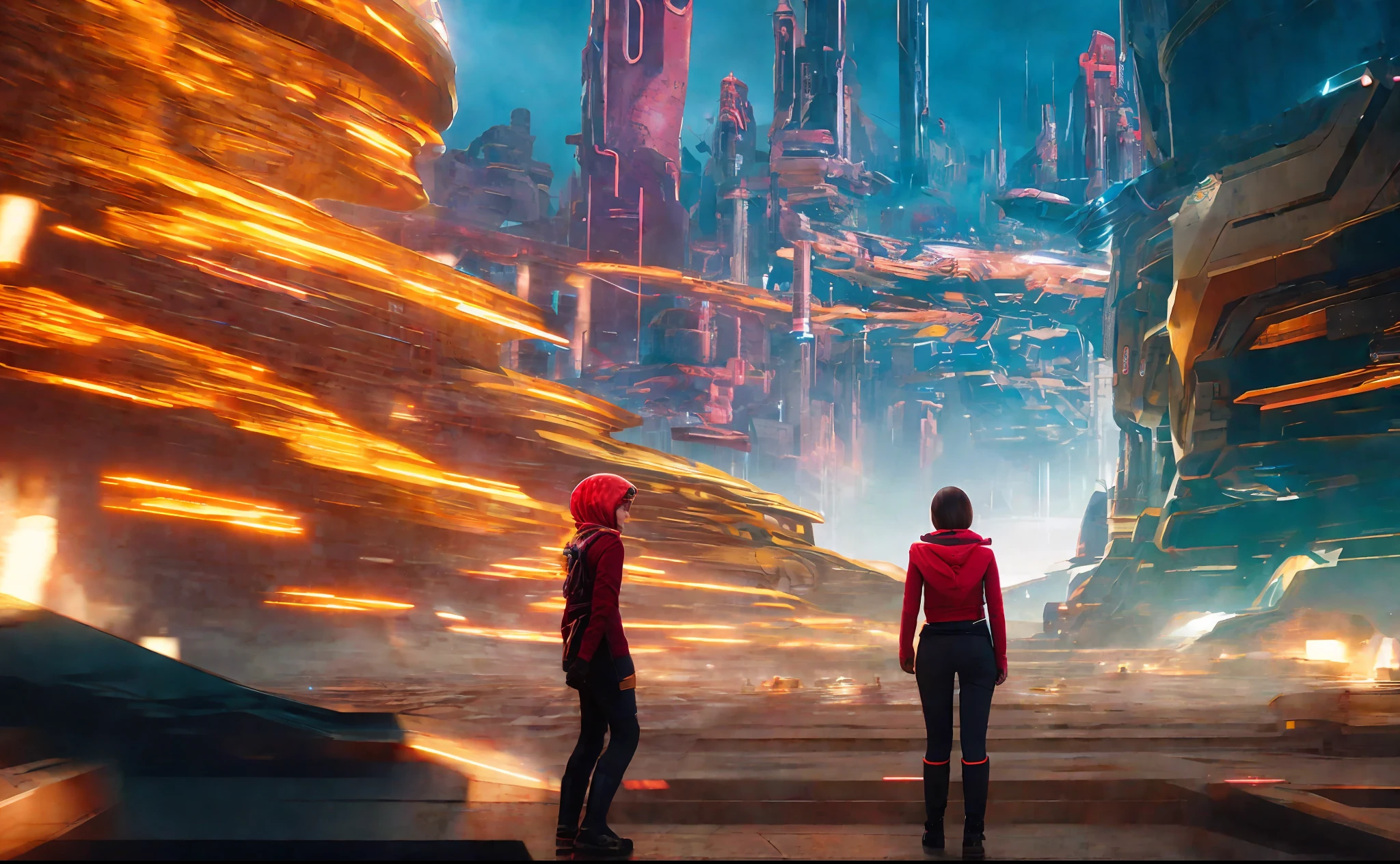 girl in background, futuristic sci-fi city landscape, sci-fi, ultra-realistic, high resolution, city