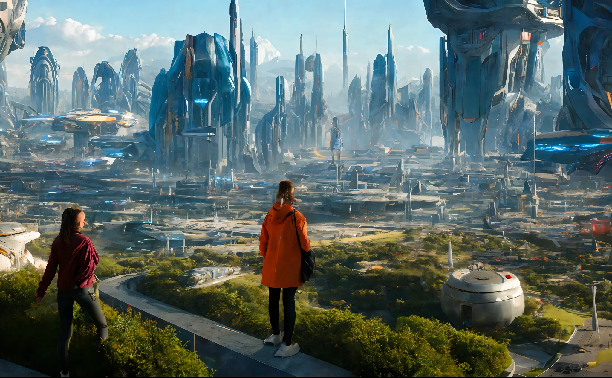 girl in background, futuristic sci-fi city landscape, sci-fi, ultra-realistic, high resolution, city