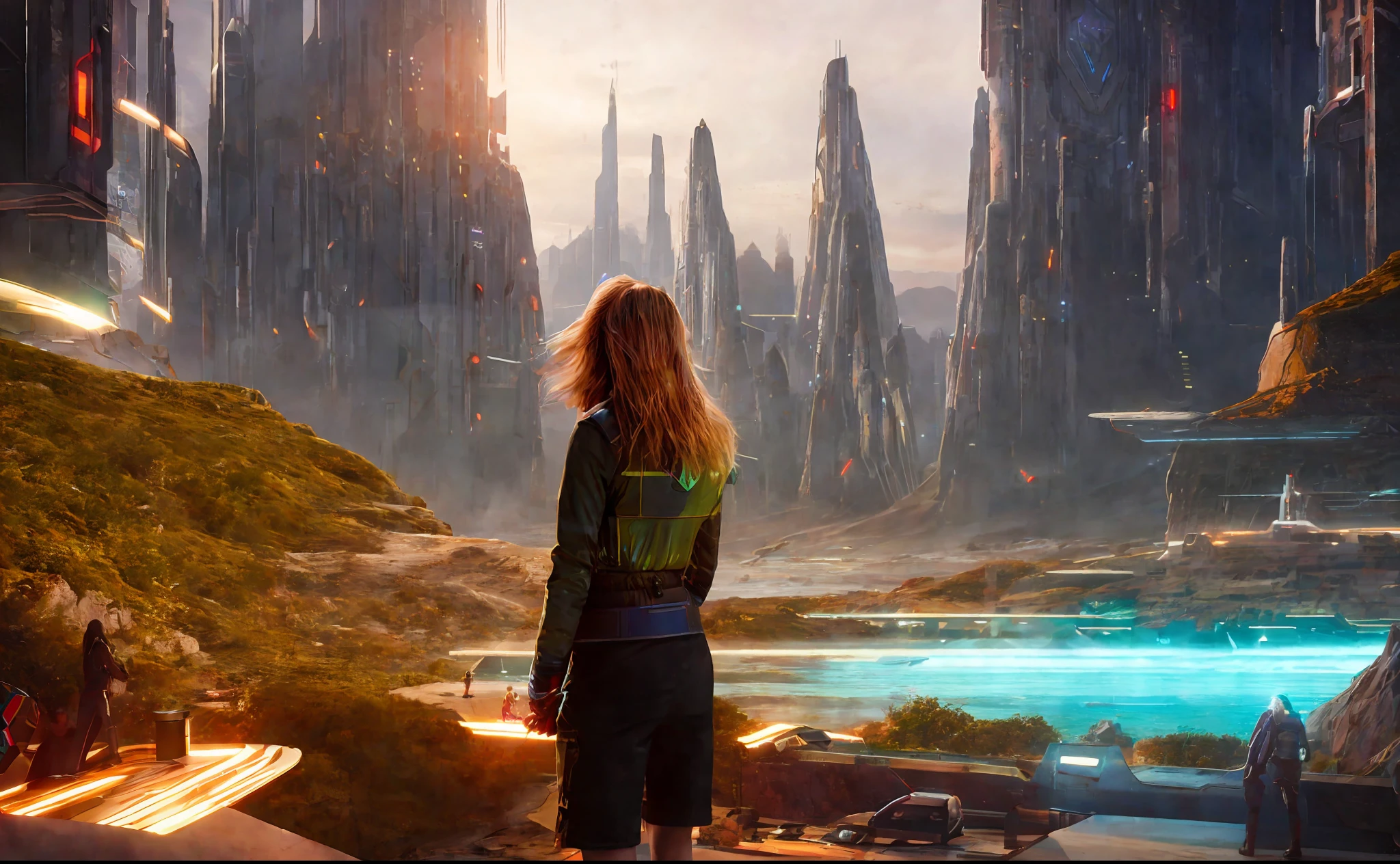 girl in background, futuristic sci-fi city landscape, sci-fi, ultra-realistic, high resolution, city