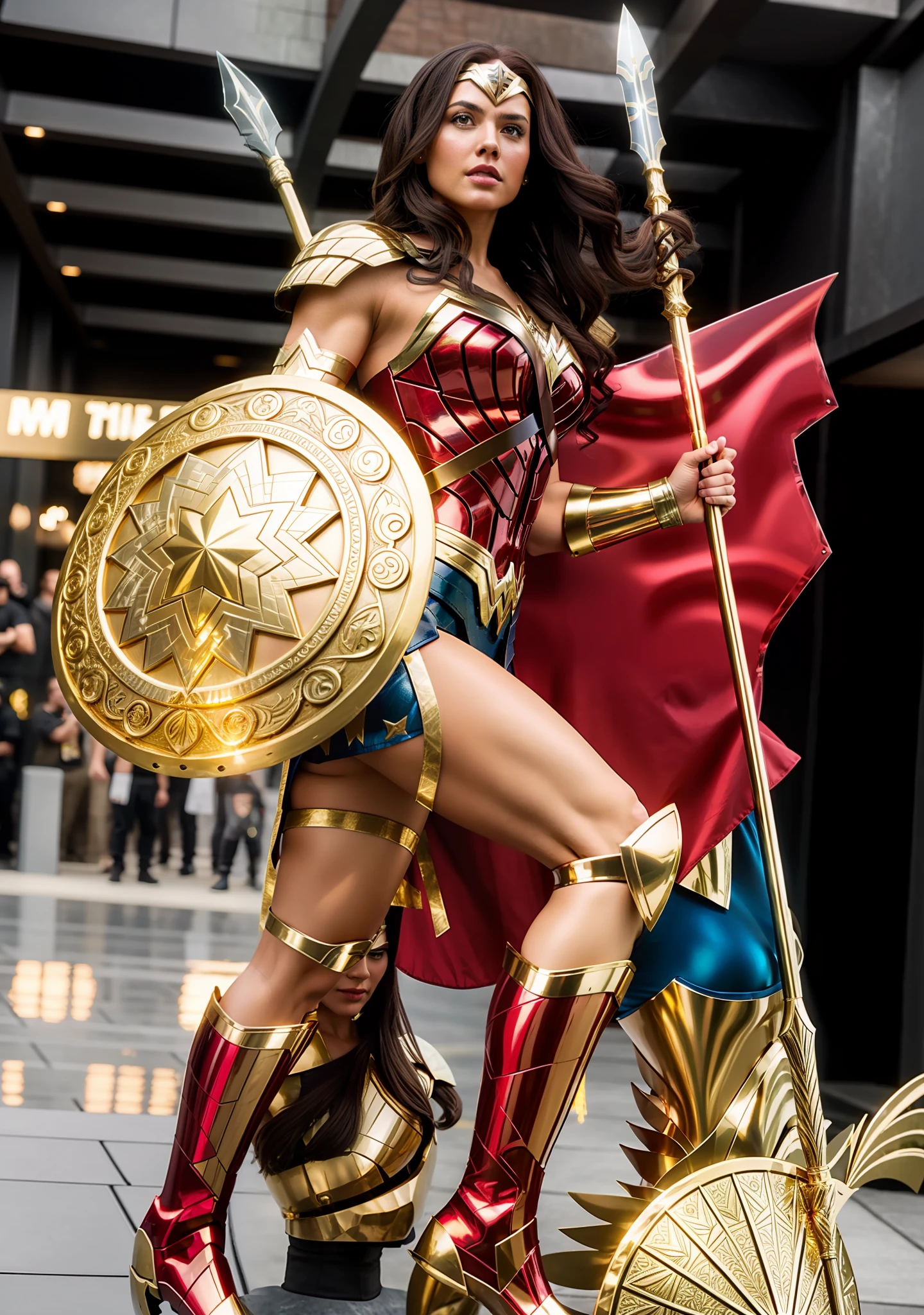 4K, Wonder Woman, muscular body, metallic armor, golden tiara, long hair, holding shield and spear.