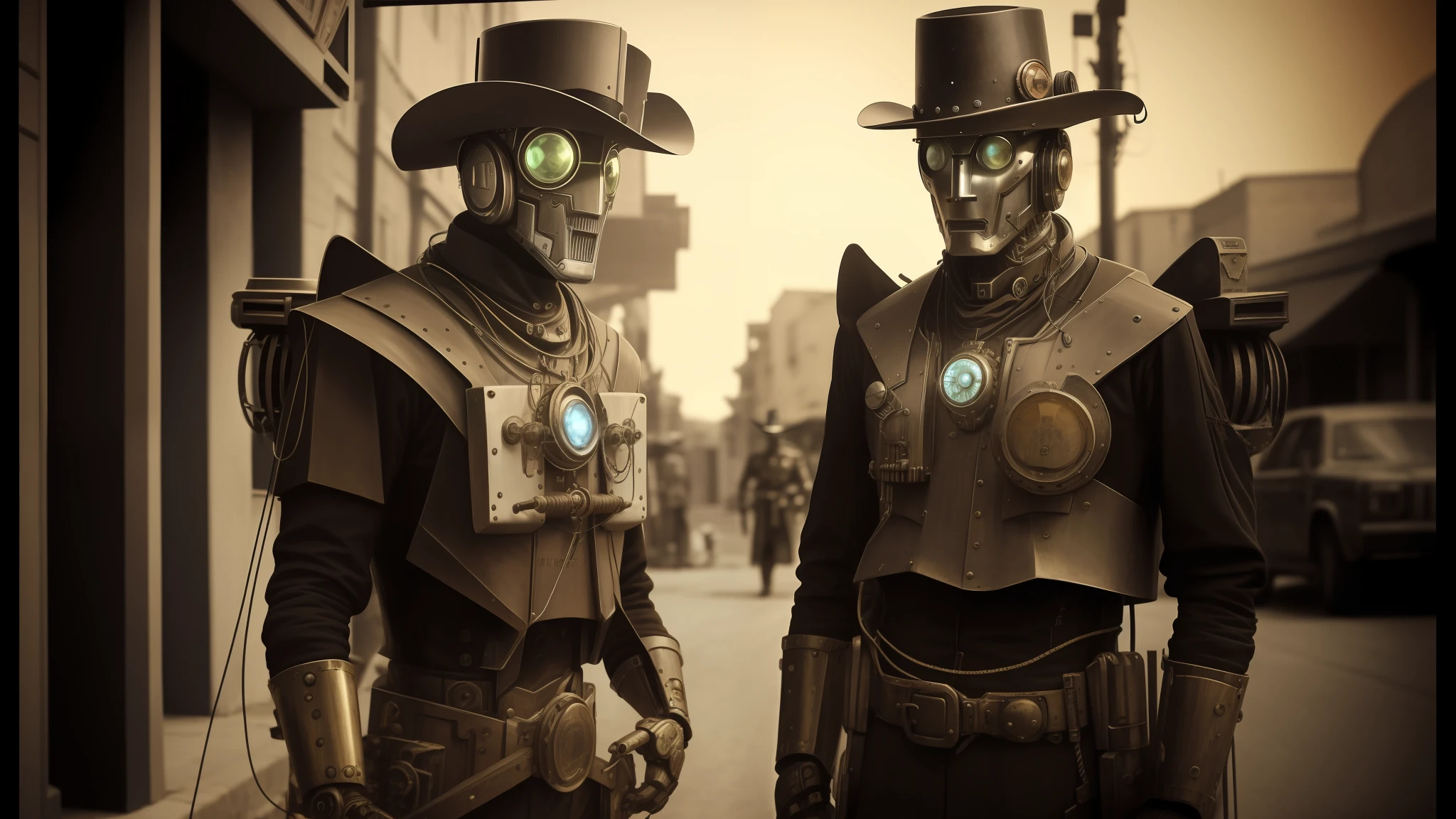 there are two robots in costume standing on the street, western steampunk cyborg in the wild west, old style photo, cybernetic and highly detailed, reptoids, the watchers, 2012, aetherpunk
