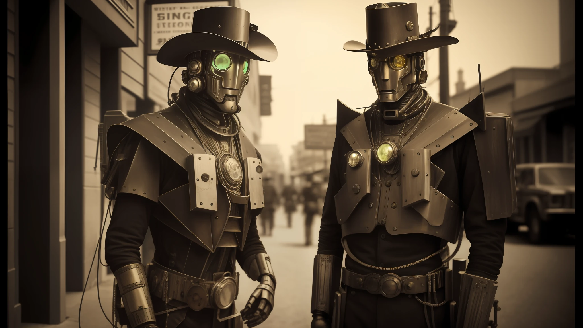 there are two robots in costume standing on the street, western steampunk cyborg in the wild west, old style photo, cybernetic and highly detailed, reptoids, the watchers, 2012, aetherpunk