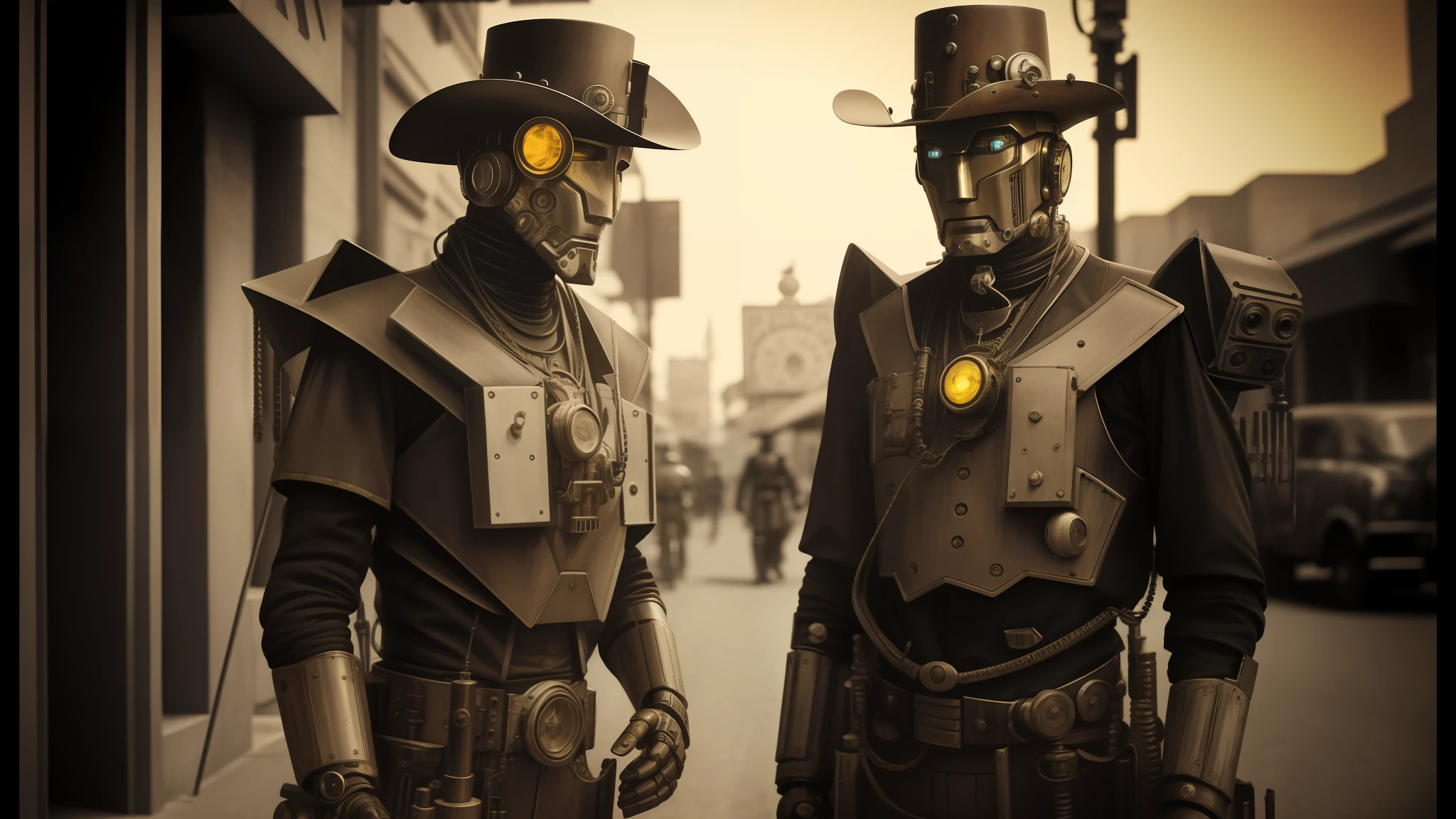 there are two robots in costume standing on the street, western steampunk cyborg in the wild west, old style photo, cybernetic and highly detailed, reptoids, the watchers, 2012, aetherpunk