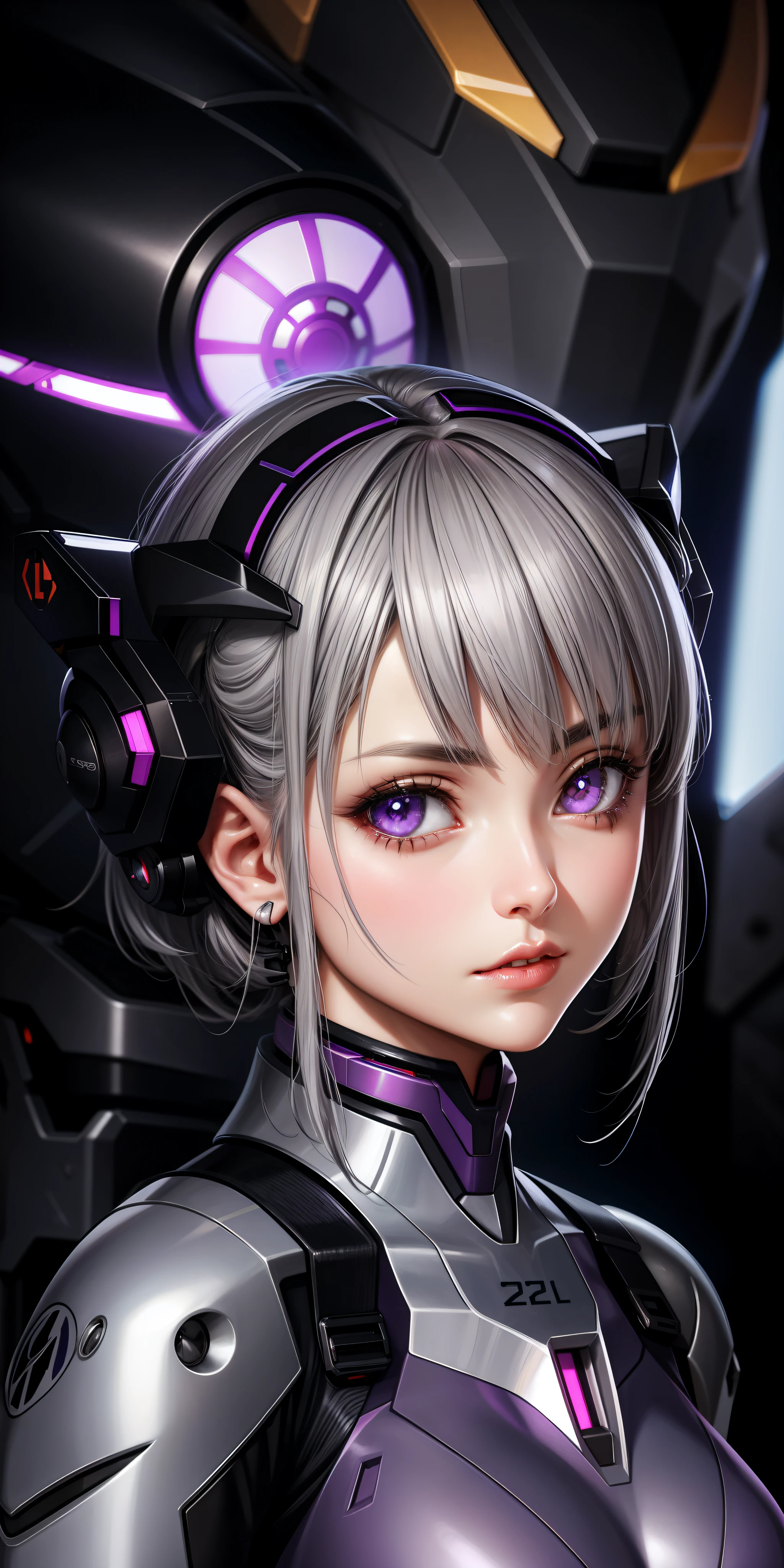 Realistic, girl single, gray hair, purple eyes, shining eyes, mech suit, evangelion, metallic, detailed details, detailed neon, parted lips,