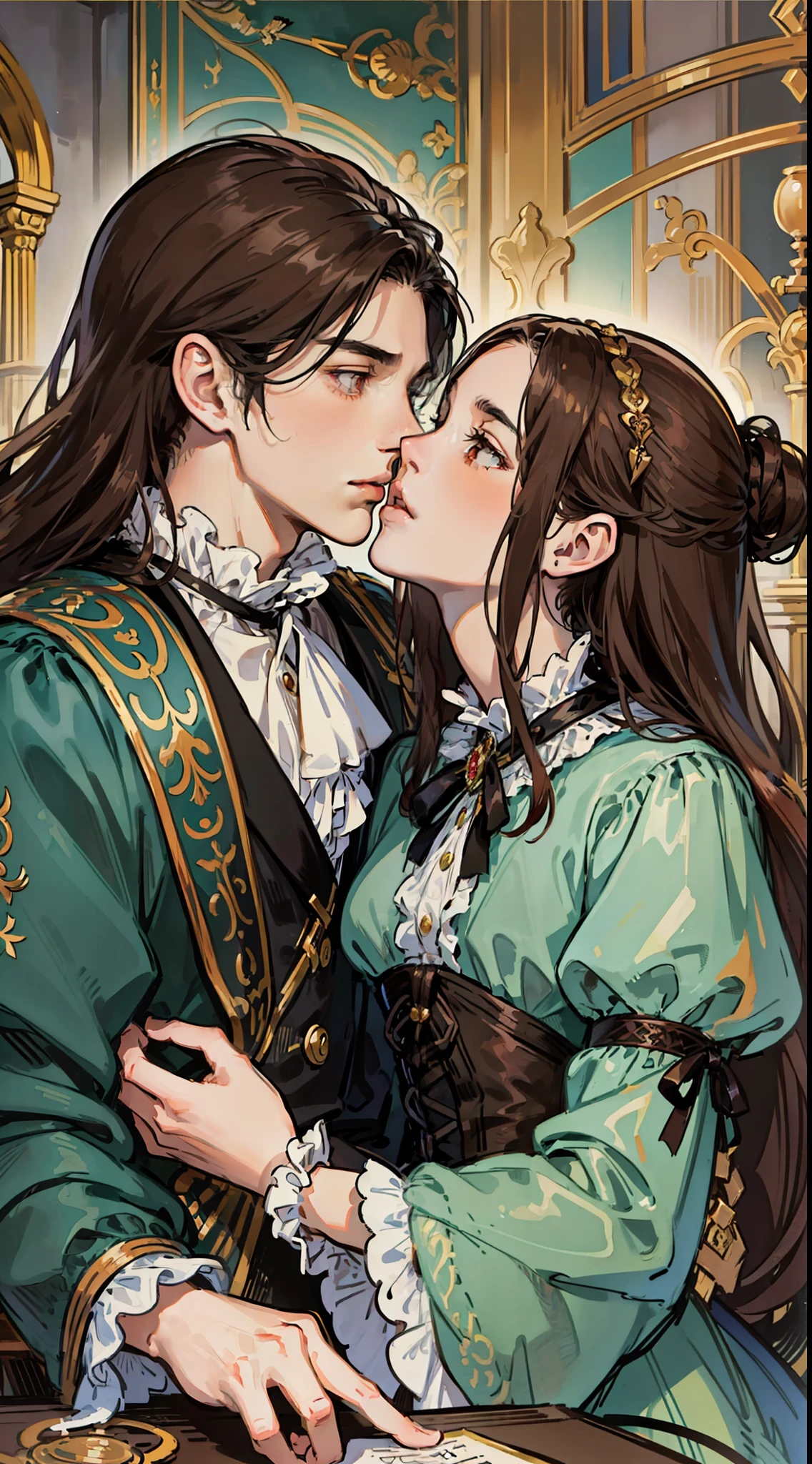 ((masterpieces)), best quality, outstanding illustration, a couple kissing, soft focus, 1 boy with long black hair, RED EYES, 1 girl with long brown hair, BROWN EYES, Victorian clothes, Victorian romanticism, opulent and exquisite atmosphere, soft light and warm lighting.