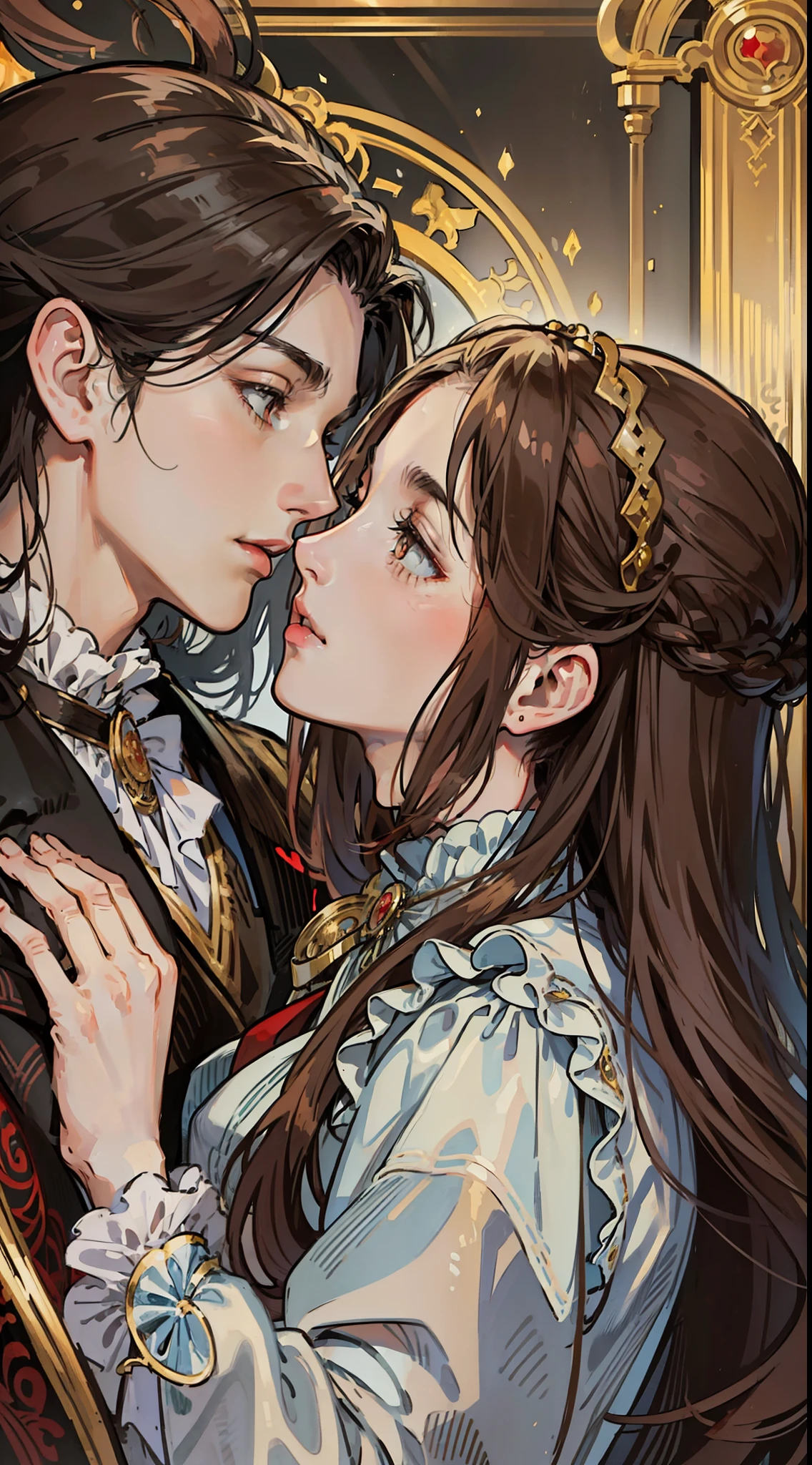 ((masterpieces)), best quality, outstanding illustration, a couple kissing, soft focus, 1 boy with long black hair, RED EYES, 1 girl with long brown hair, BROWN EYES, Victorian clothes, Victorian romanticism, opulent and exquisite atmosphere, soft light and warm lighting.