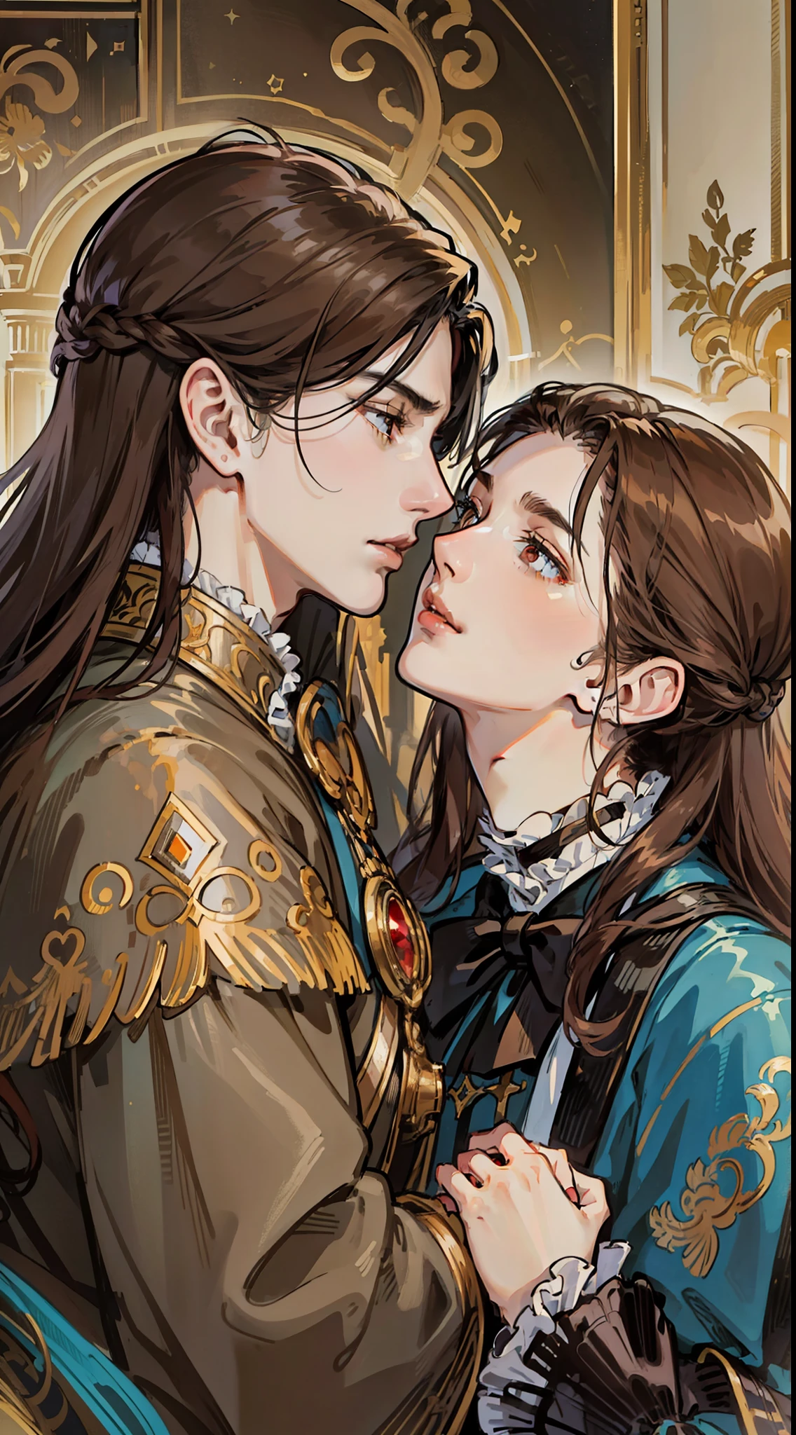 ((masterpieces)), best quality, outstanding illustration, a couple kissing, soft focus, 1 boy with long black hair, RED EYES, 1 girl with long brown hair, BROWN EYES, Victorian clothes, Victorian romanticism, opulent and exquisite atmosphere, soft light and warm lighting.