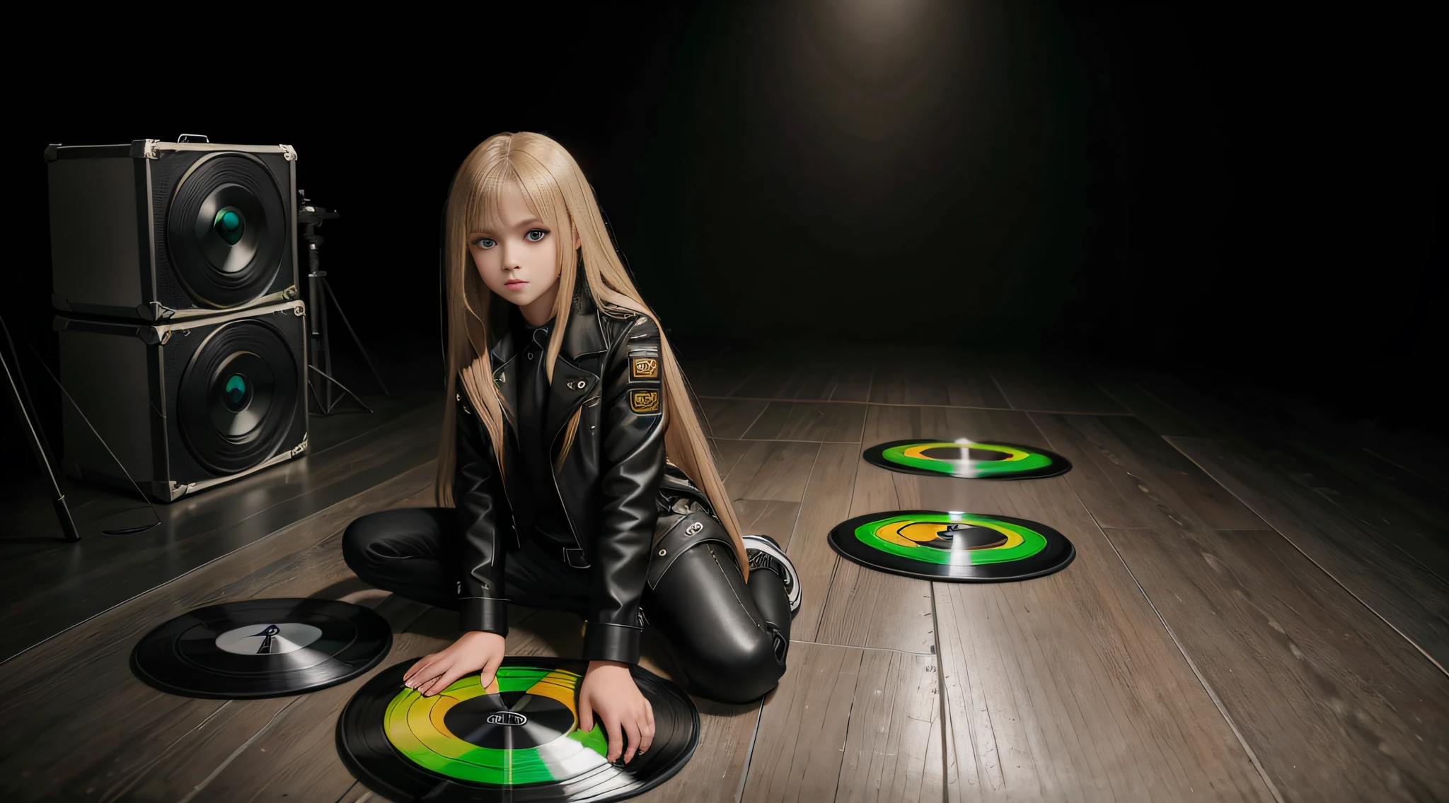  girl, long blonde straight hair, with black leather jacket and black clothing, in the photographic studio GREEN BACKGROUND LIGHT, with white infinite background, with many cds and vinyls on the floor.,