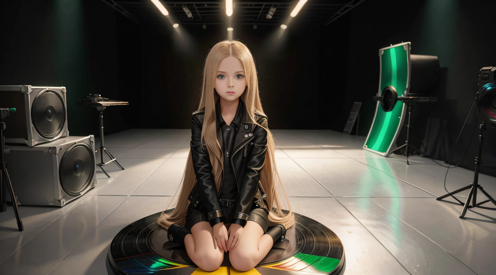 girl, long blonde straight hair, with black leather jacket and black clothing, in the photographic studio, with white infinite background, GREEN BACKLIGHT with many cds and vinyls on the floor.,