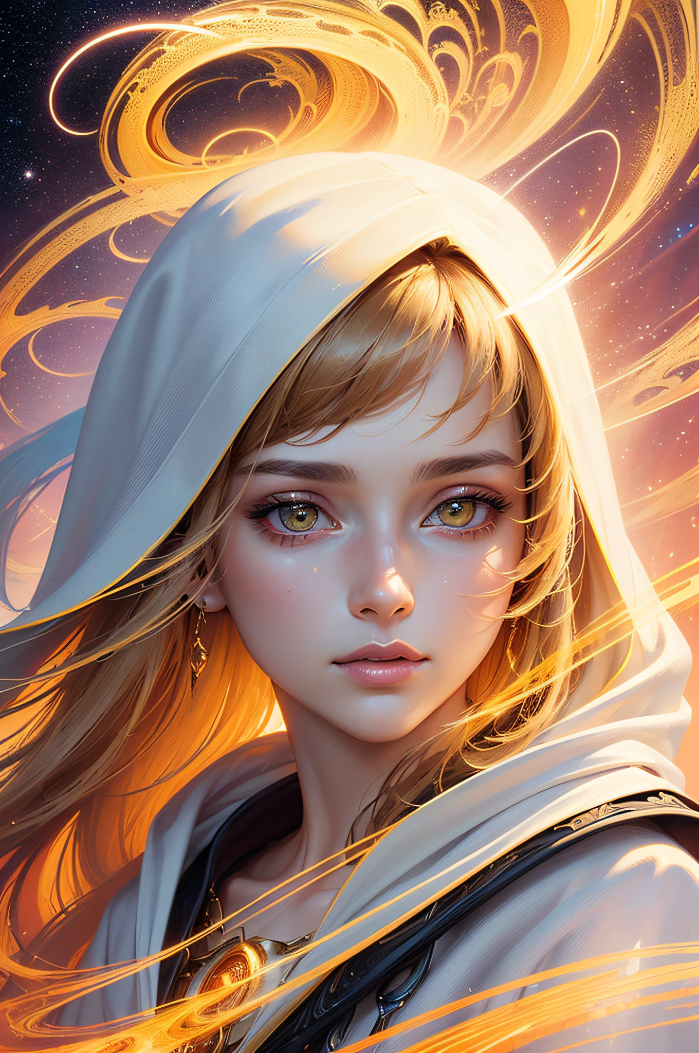 (masterpiece, top quality, best quality, official art, beautiful and aesthetic:1.2), (1girl), extreme detailed eyes, (fractal art:1.3), colorful, highest detailed, (perfect face), shiny skin, HDR, (white cloak golden lines:1.2), galaxy, (light streaks), striking visuals, (dynamic streaks, luminous trails:1.2), vibrant colors, (phoenix), (dragon)