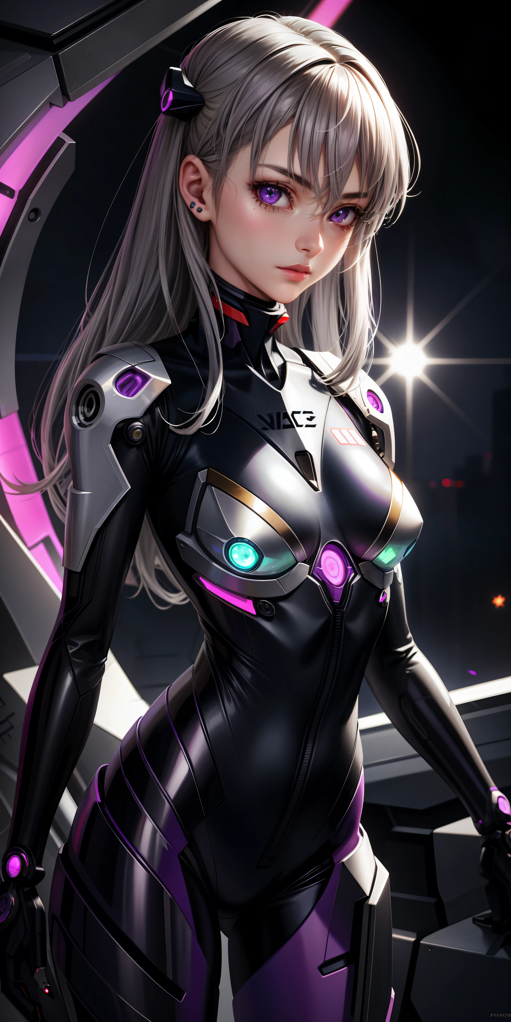 Realistic, girl single, gray hair, purple eyes, shining eyes, mech suit, evangelion, metallic, detailed details, detailed neon, parted lips,