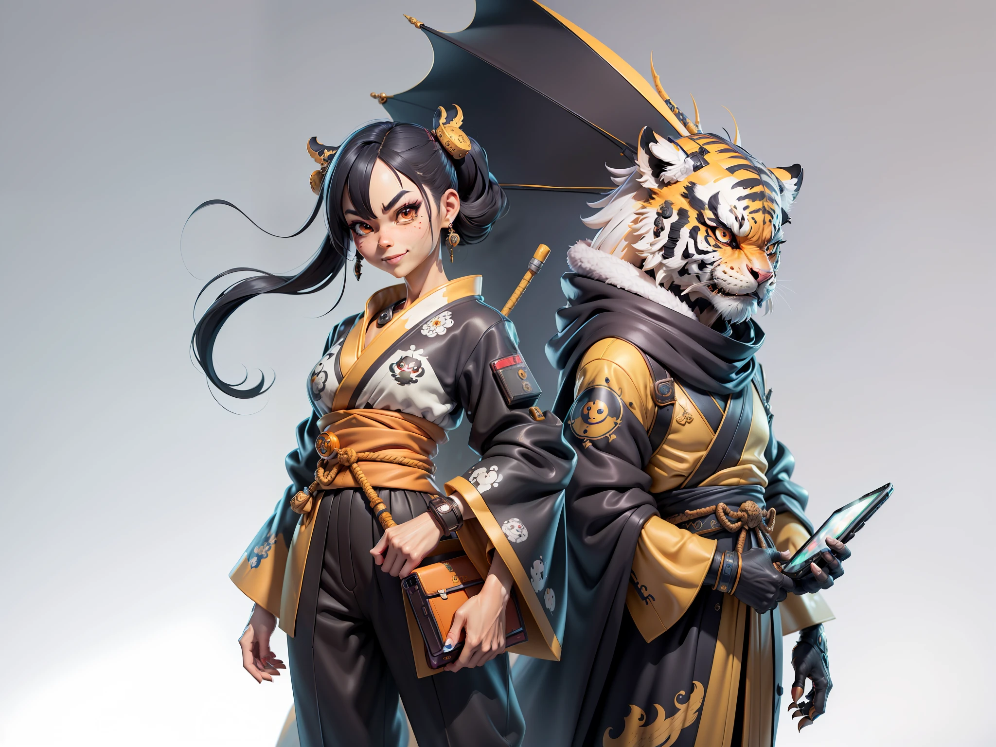 (Masterpiece), (Extreme Quality), (Super Meticulous), (Full Body: 1.2), Super Young Woman, Japanese Female Geisha, Beauty, Chinese Dragon, Tiger, Fengshen Thor, Sexy, Bursting, Oriental Face, TV Anchor, Bust Portrait Illustration, Alone, Black Suit, Blue Tie, Slightly Chubby, Very Clean Face, No Beard, Black Super Short Hair, Black Eyes, Confident Smile, 3c Computer Sub-Products, iPad, iPhone, Digital Painting, 3D character design by Mark Clairedon and Pixar and Hayao Miyazaki and Akira Toriyama, the illustrations are HD illustrations in 4K resolution with highly detailed facial features and cartoon-style visuals.