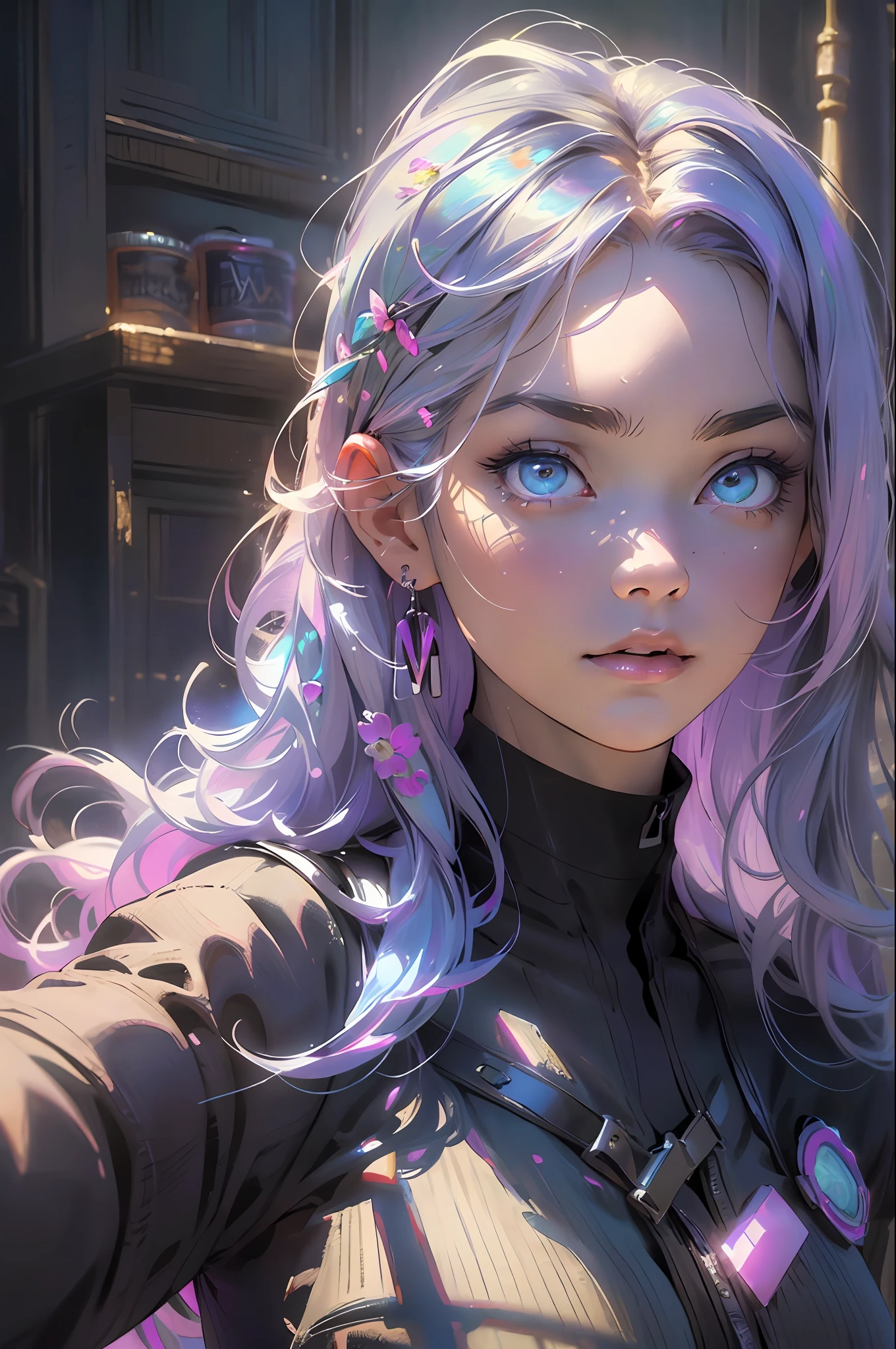 melancholy lighting, quiet, calm, brightness, masterpiece, best quality, 1girl, (JinxLol:1.2), (ultra photorealistic:1.3), (masterpiece:1.4), best quality, ((realistic)), high quality, ultra detailed, ((real image)), ((realistic skin)), ((realistic face)),(illustration:1.05), (beautiful:1.05), (beautiful detailed eyes:1.05), (cinematic light:1.1), purple and pink in the detaches, full body, black and blue clothing.