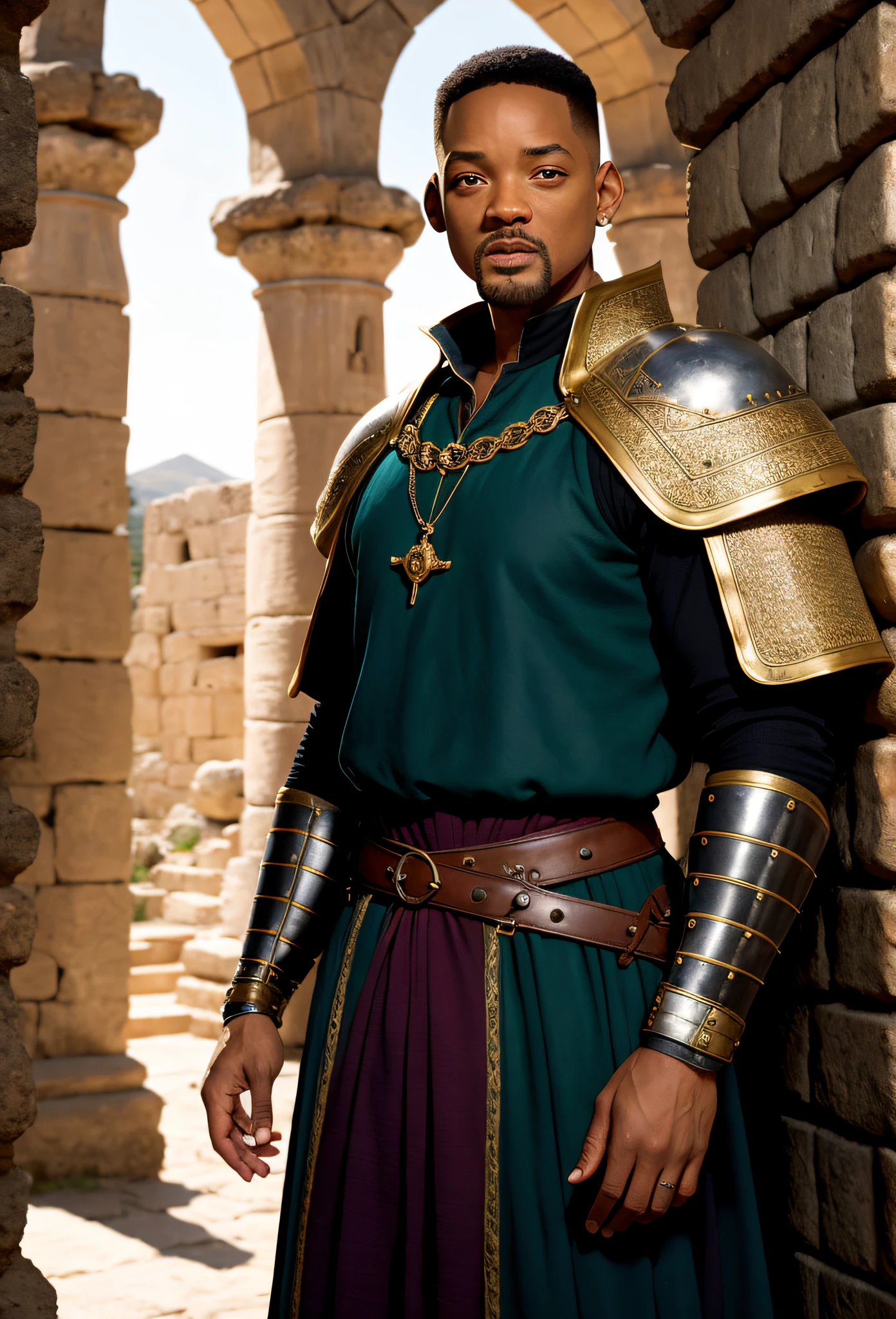 Will Smith rendered in ultra-realistic style, wearing medieval-era clothing, with a tall and defined physique, highly saturated muscles, high definition, ultra-realistic HD, 8K resolution. The scene is set in a cinematic backdrop of a grand Greek arena, with sunlight reflecting on his face, perfect saturation, and well-crafted and refined limbs, all capturing the essence of the medieval