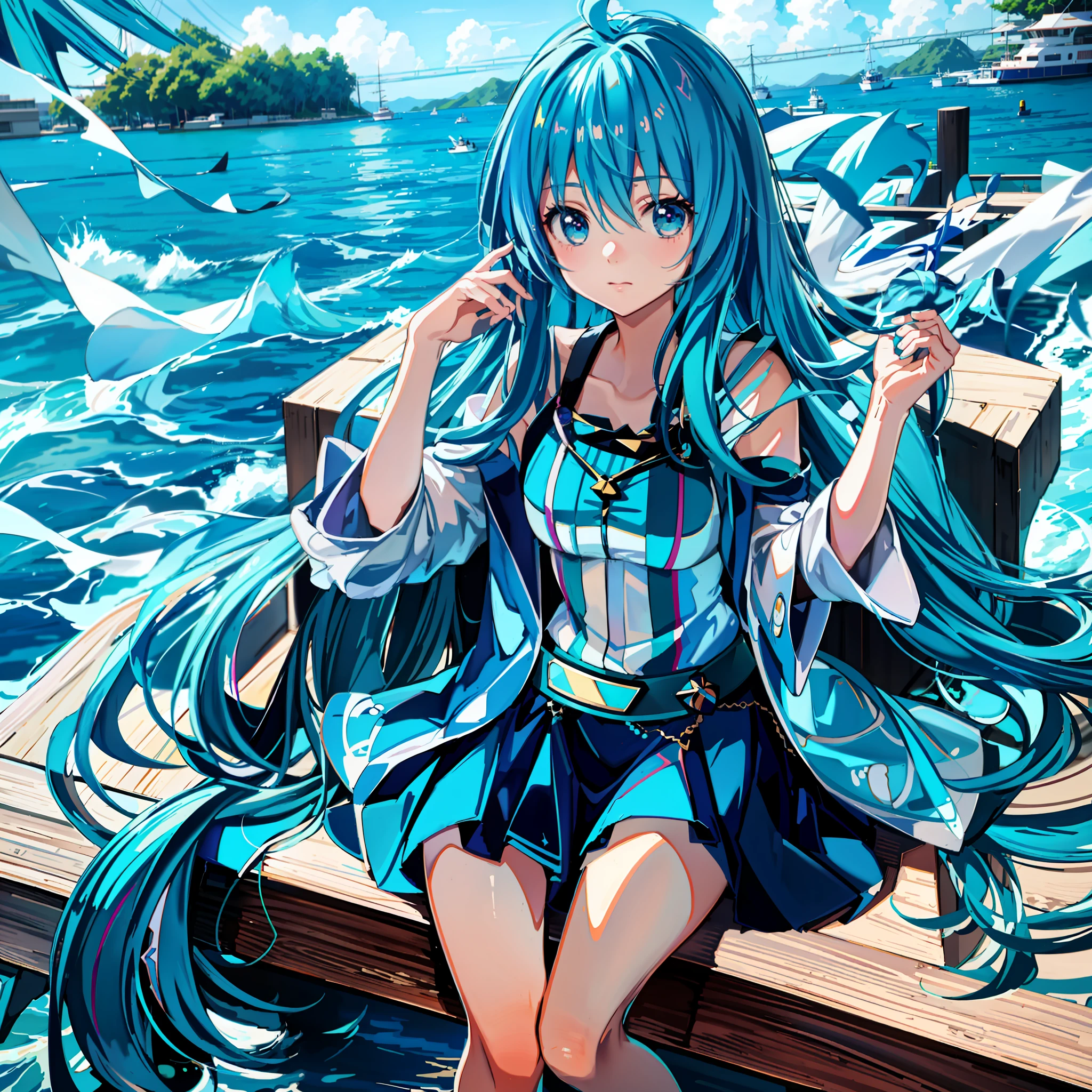 anime girl with blue hair sitting on a dock by the water, anime girl with teal hair, mikudayo, anime moe artstyle, anime style 4 k, high quality anime artstyle, wallpaper anime blue water, anime artstyle, portrait of hatsune miku, miku, beautiful anime art style, official artwork, beautiful blue haired girl, beautiful anime girl, hd artwork