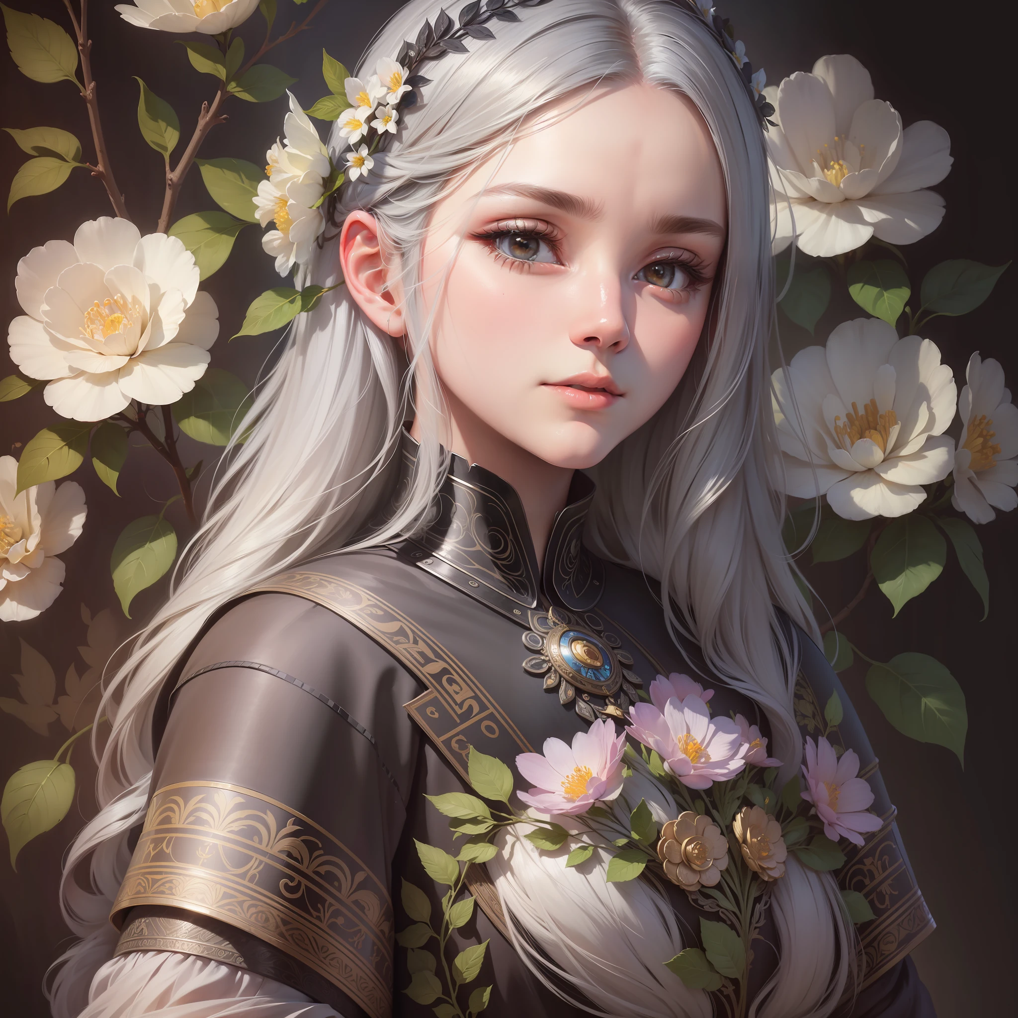 masterpiece, best quality, 8k, raw, canon 5d, f/1.8, iso 6400, wide angle, realism, movies, posters, photos, (detailed face), a beautiful woman, thin, black background, flower details, intricate, long silver hair, symmetrical painting, wonderful, by Alphonse Mucha