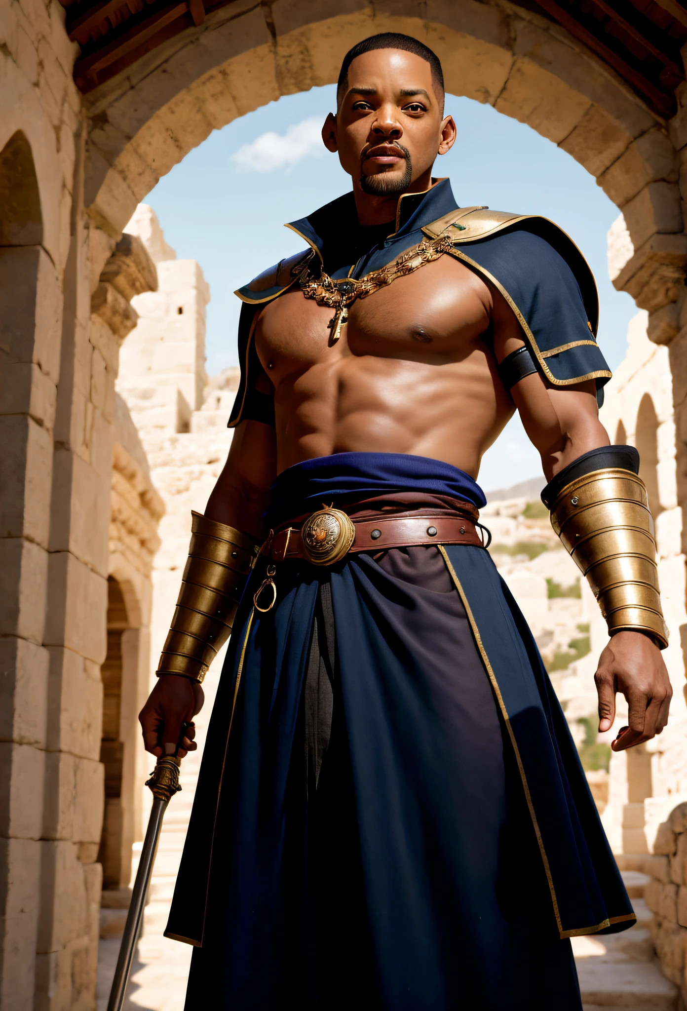 Will Smith rendered in ultra-realistic style, wearing medieval-era clothing, with a tall and defined physique, highly saturated muscles, high definition, ultra-realistic HD, 8K resolution. The scene is set in a cinematic backdrop of a grand Greek arena, with sunlight reflecting on his face, perfect saturation, and well-crafted and refined limbs, all capturing the essence of the medieval