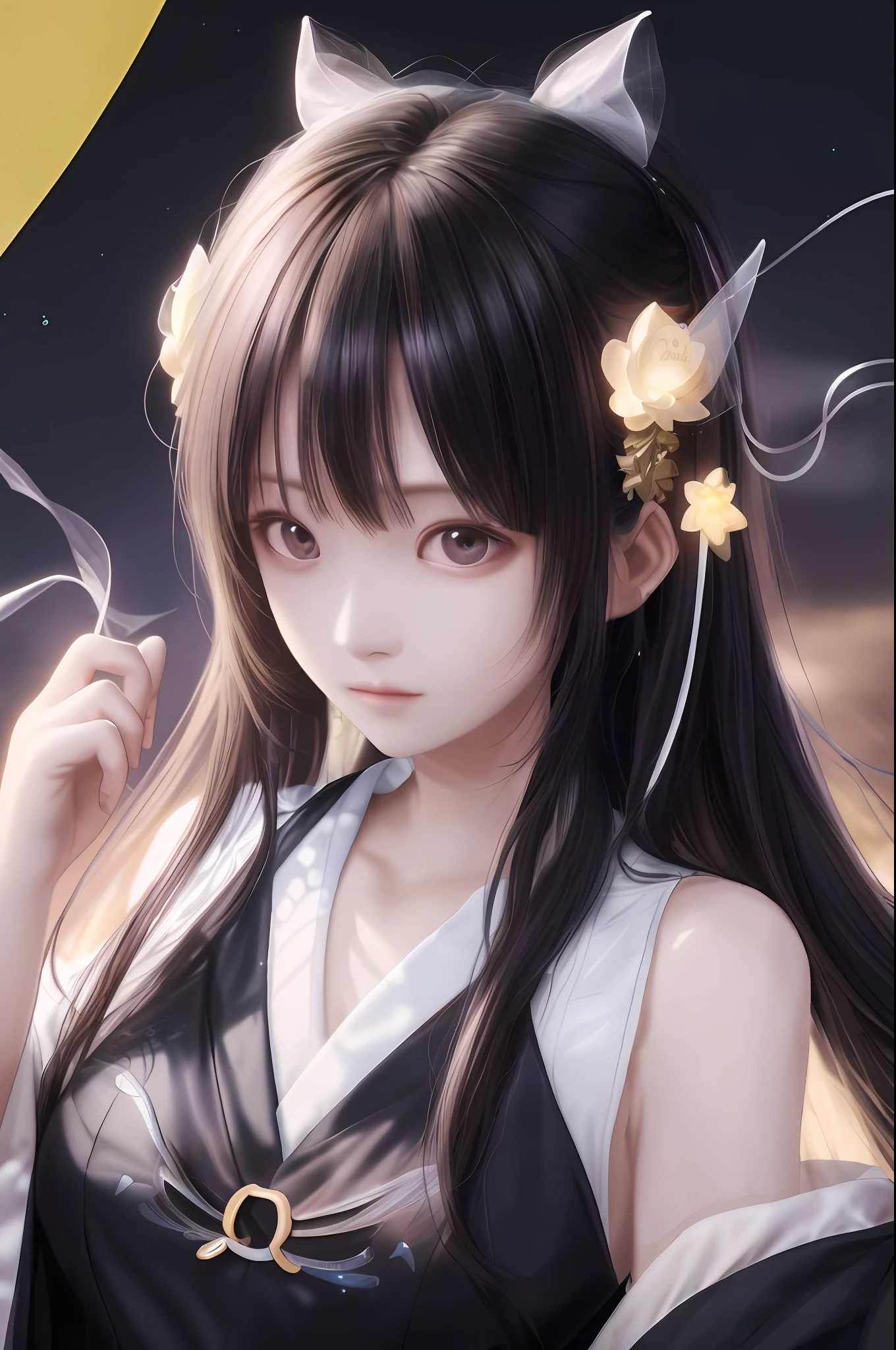 1 girl, fairy dress, Hanfu, transparent, black hair, off-the-shoulder, full body photo, translucent, 8k quality