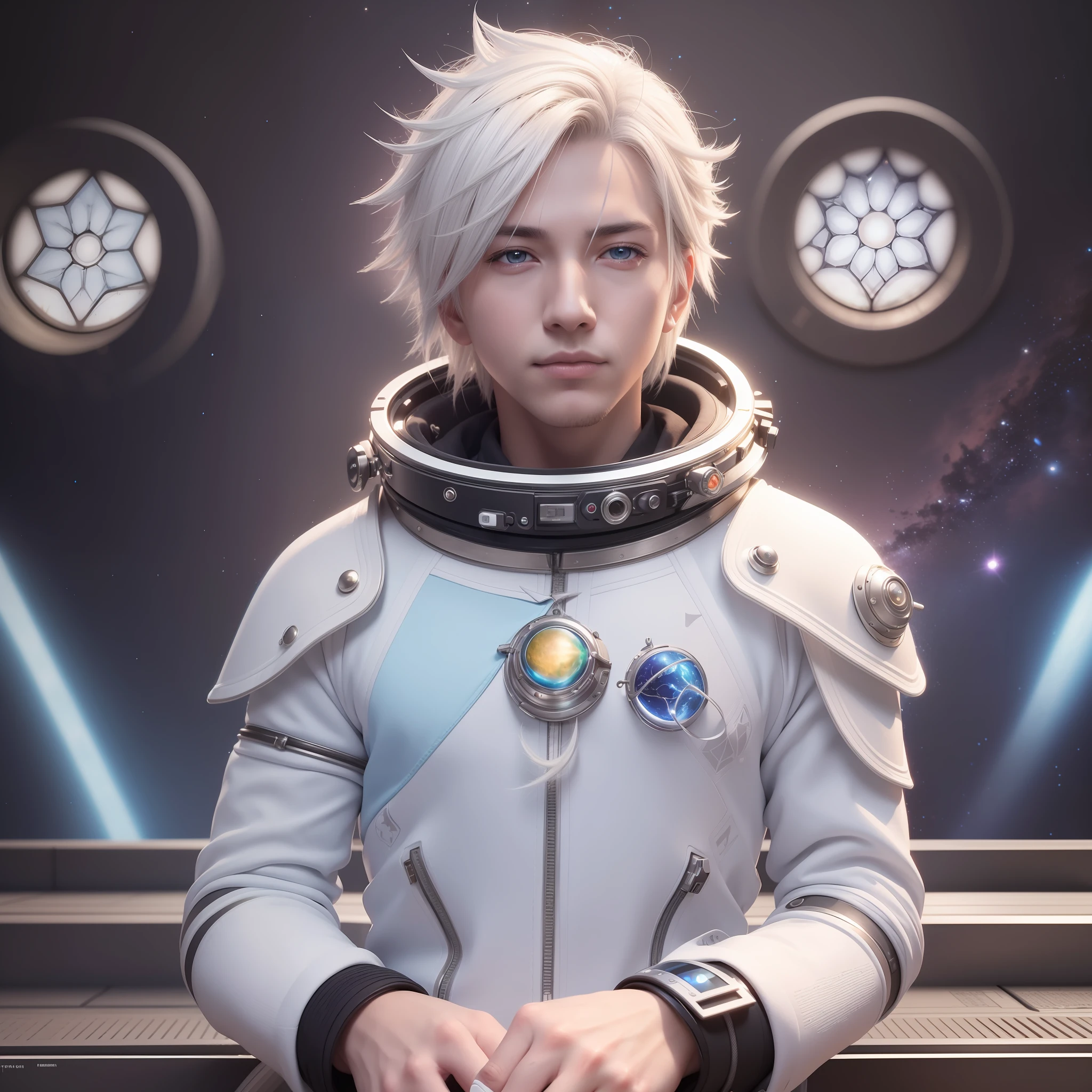 (final fantasy art), art station, ultra realistic CG, vivid colors, young man, ((white hair in the wind)), space suit, cosmic space background, meditating, reflective lights, ray tracing, inside a temple, ultra detailed symbols on the walls, stained glass, caravaggio style, bright and realistic skin, (focus on the eyes), HDR, 4k cinema --auto --s2