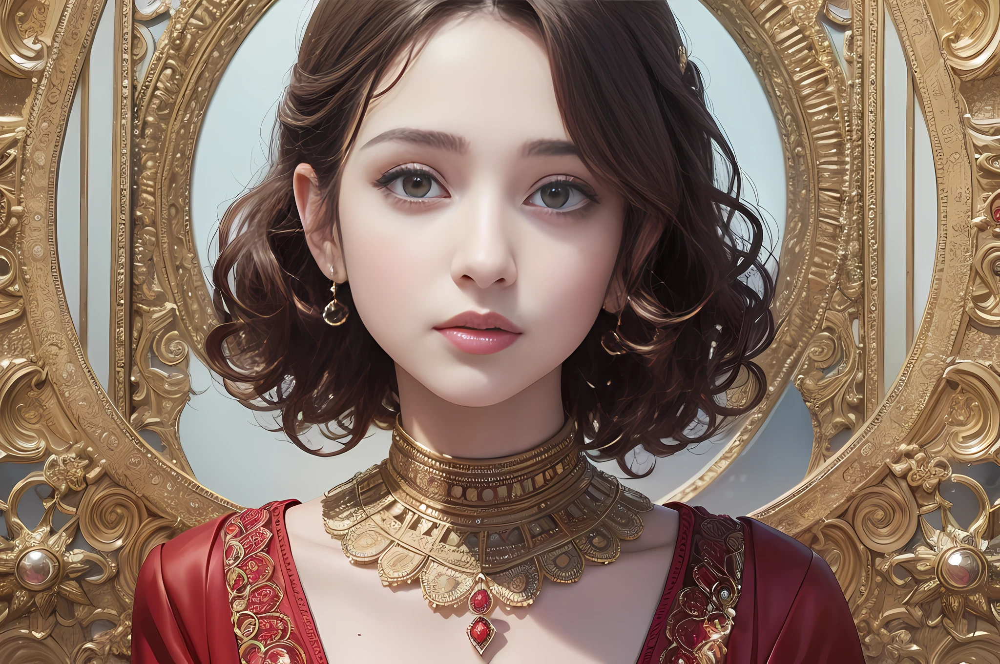 a woman with curly hair wearing a red dress, portrait sophie mudd, middle eastern details, on a young beautiful woman neck, symmetrical head-on centralized, very short hair, mayan, still from alita, like a crown, small necklace, iranian, trim, by Dennis Ashbaugh, portrait featured on unsplash, very ornate, 2 0 5 0 s