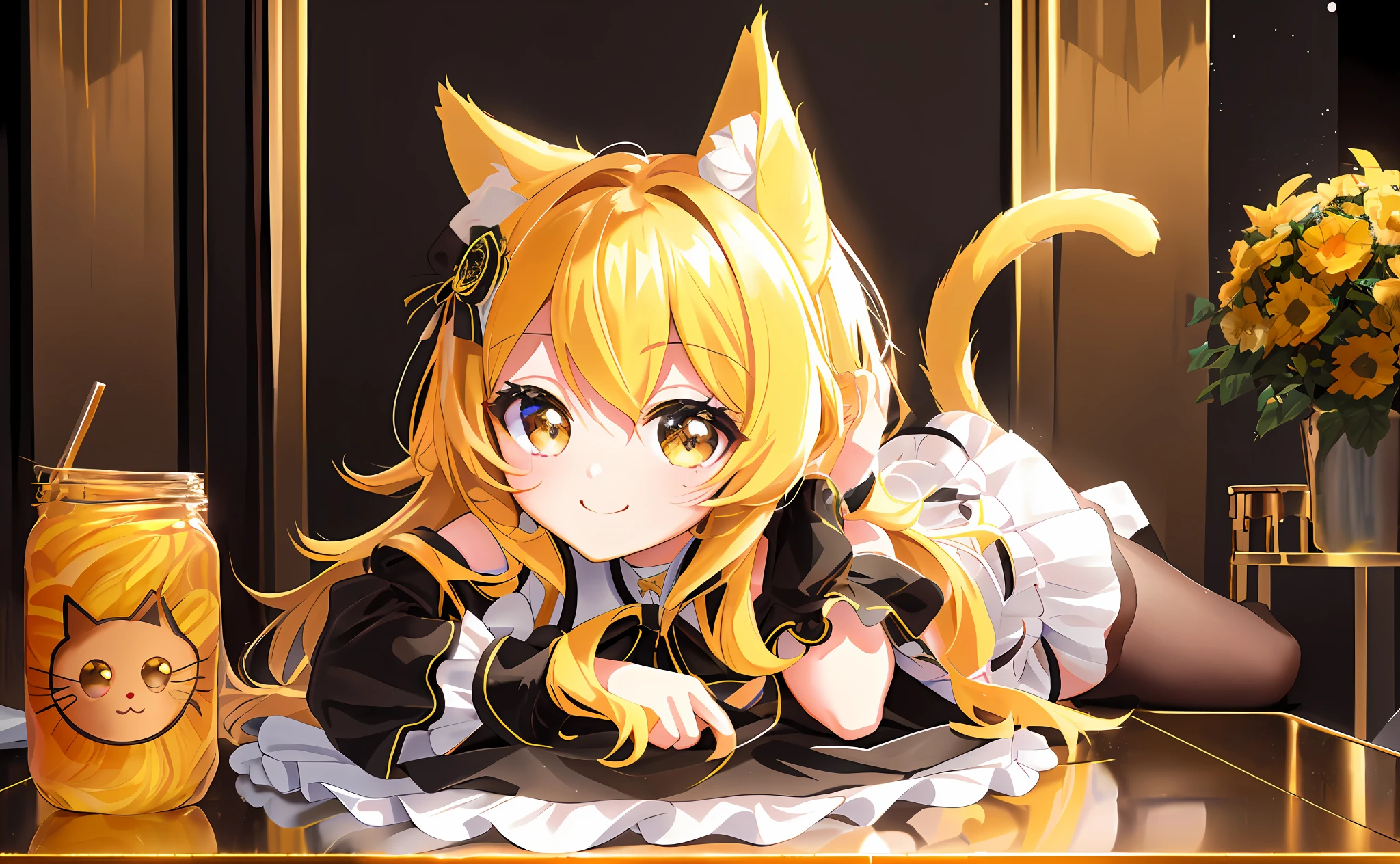 (Chibi Chibi: 1.3), Solo, full body, wearing shiny yellow maid clothes, highly detailed face, (smile: 1.3), lively, (gravure pose: 1.4), beautiful detailed eyes, looking up, (eye meet), light brown long hair, cat ears, near future, masterpiece, top quality, highly detailed 8k wallpaper