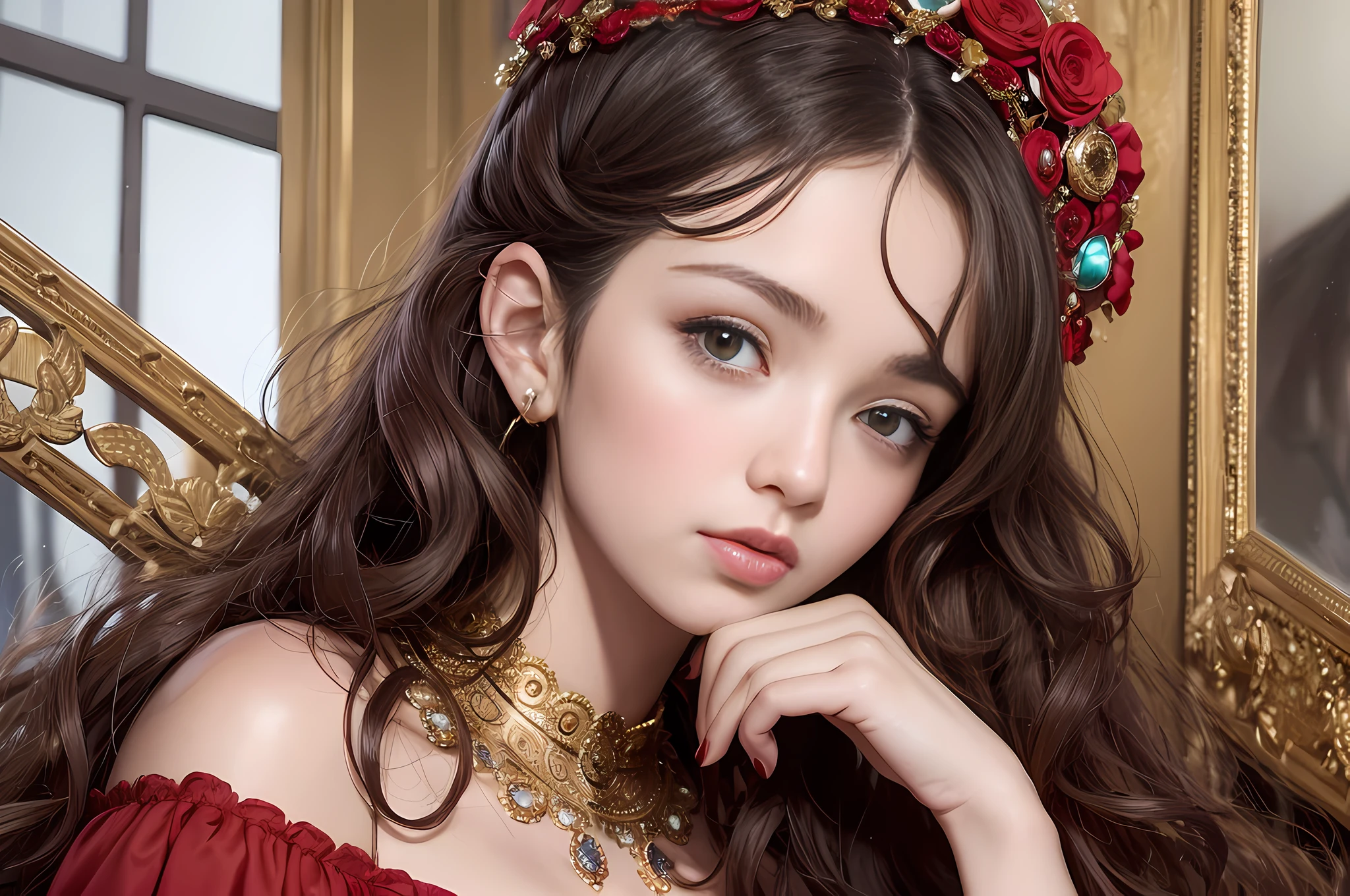 a woman with curly hair wearing a red dress, portrait sophie mudd, middle eastern details, on a young beautiful woman neck, symmetrical head-on centralized, very short hair, mayan, still from alita, like a crown, small necklace, iranian, trim, by Dennis Ashbaugh, portrait featured on unsplash, very ornate, 2 0 5 0 s