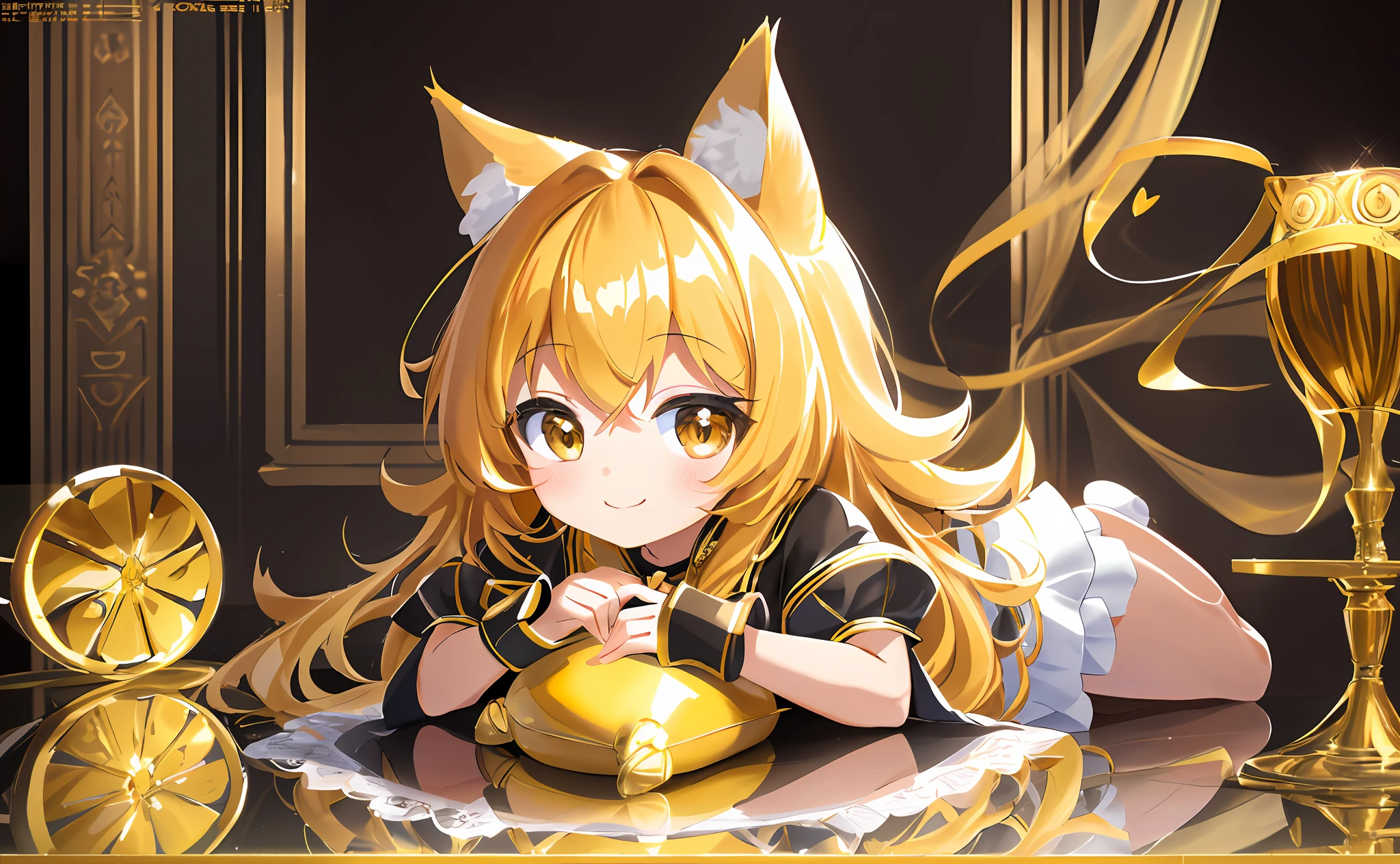 (Chibi Chibi: 1.3), Solo, full body, wearing shiny yellow maid clothes, highly detailed face, (smile: 1.3), lively, (gravure pose: 1.4), beautiful detailed eyes, looking up, (eye meet), light brown long hair, cat ears, near future, masterpiece, top quality, highly detailed 8k wallpaper