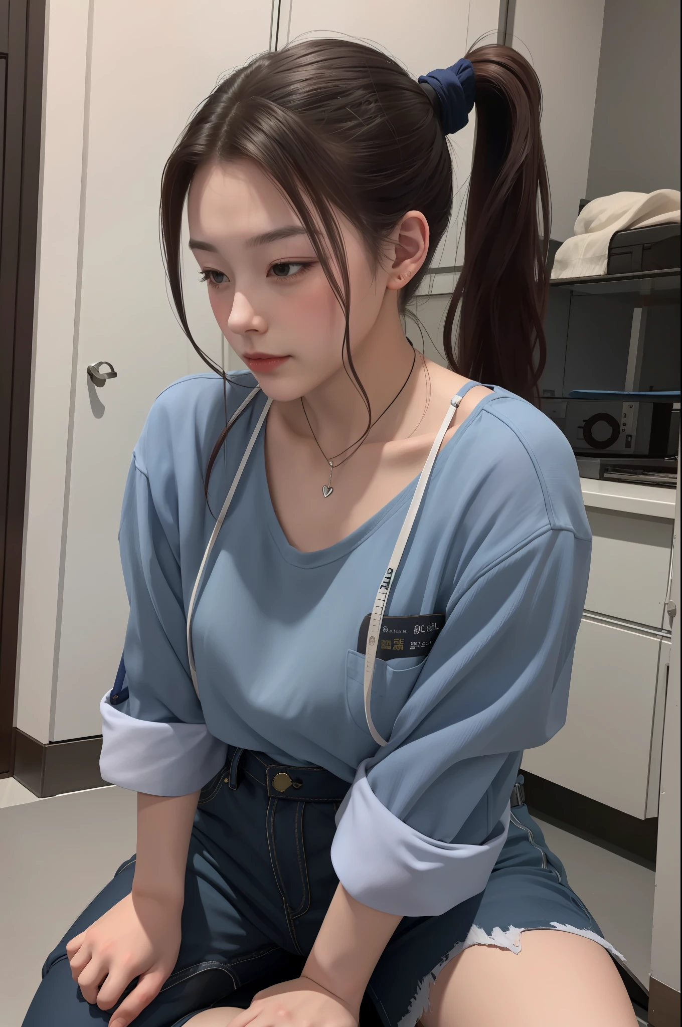 realistic, masterpiece, best quality, 1girl, long wavy ponytail hair, sign around neck,kneeling