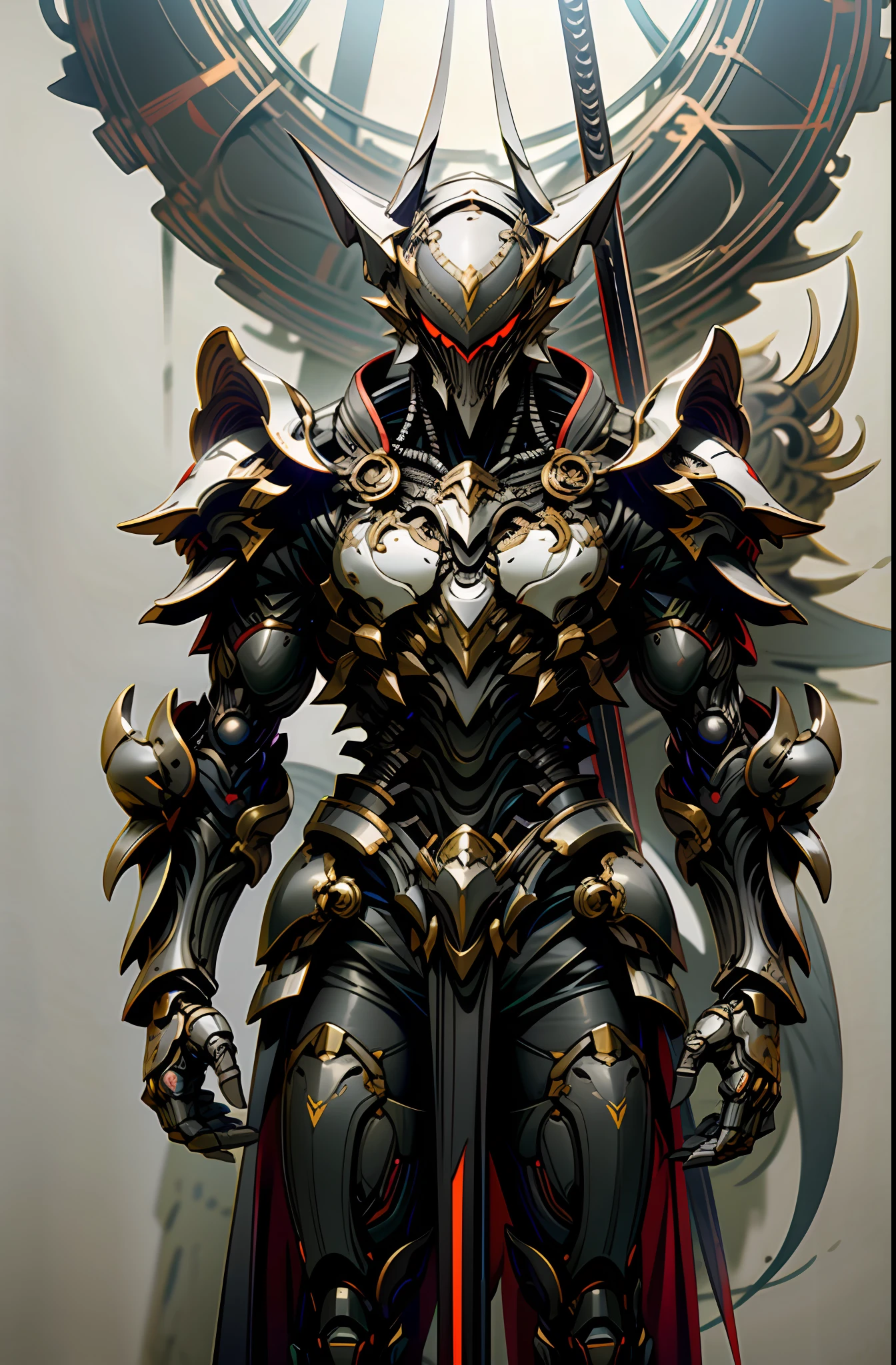Dark Fantasy, Cyberpunk Style, Scythe Man, Steel Behemoth, Mechanical Purity, Guardian Ecumenics, Red Chainsaw Man, 1 male, Skeleton Knight.
