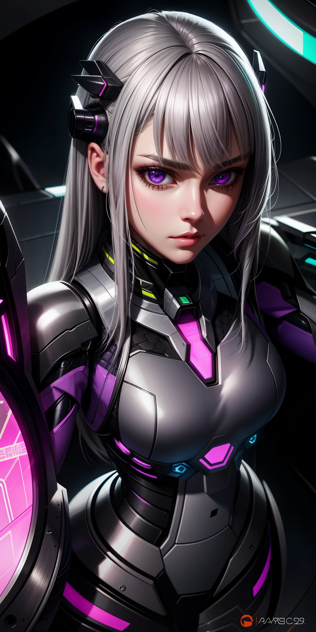 Realistic, girl one, gray hair, purple eyes, shining eyes, mech suit, reptile, metallic, intricate details, detailed neon, parted lips,
