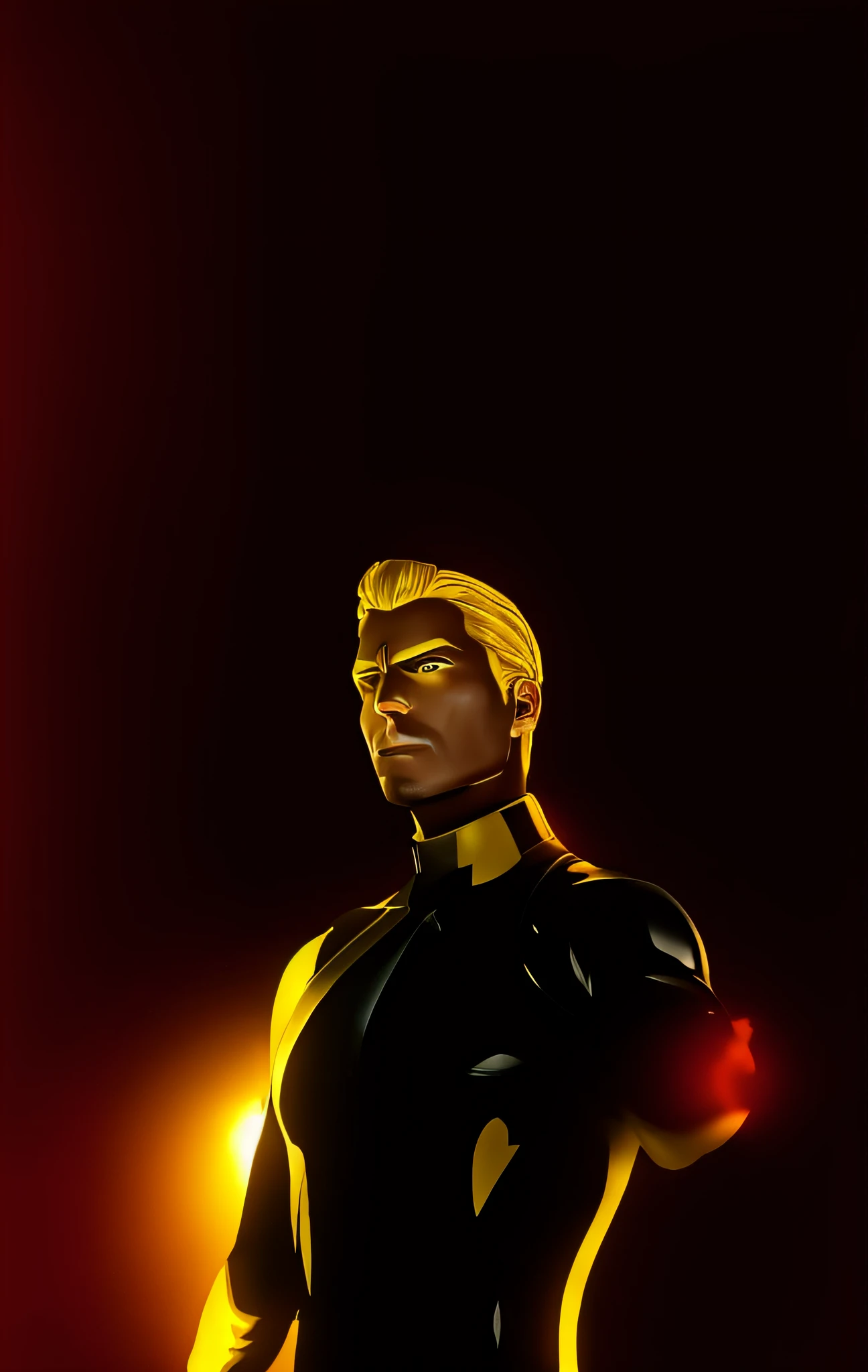 a close up of a person in a black suit with a yellow light, hq 4k phone wallpaper, fortnite character, key art, solid background, portrait of adam jensen, perfect crisp sunlight, phone wallpaper, phone background, human torch, fortnite skin, clean background, high detail iconic character, textless, john park, tor from marvel, wallpaper!, official character art --auto --s2