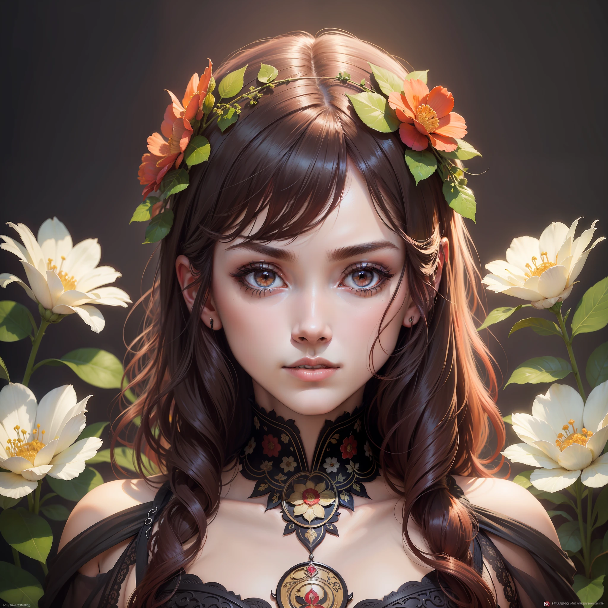 masterpiece, best quality, 8k, raw, canon 5d, f/1.8, iso 6400, wide angle, realism, movies, posters, photos, (detailed face), a beautiful woman, thin, black background, flower details, intricate, short red hair, symmetrical painting, wonderful, by Alphonse Mucha