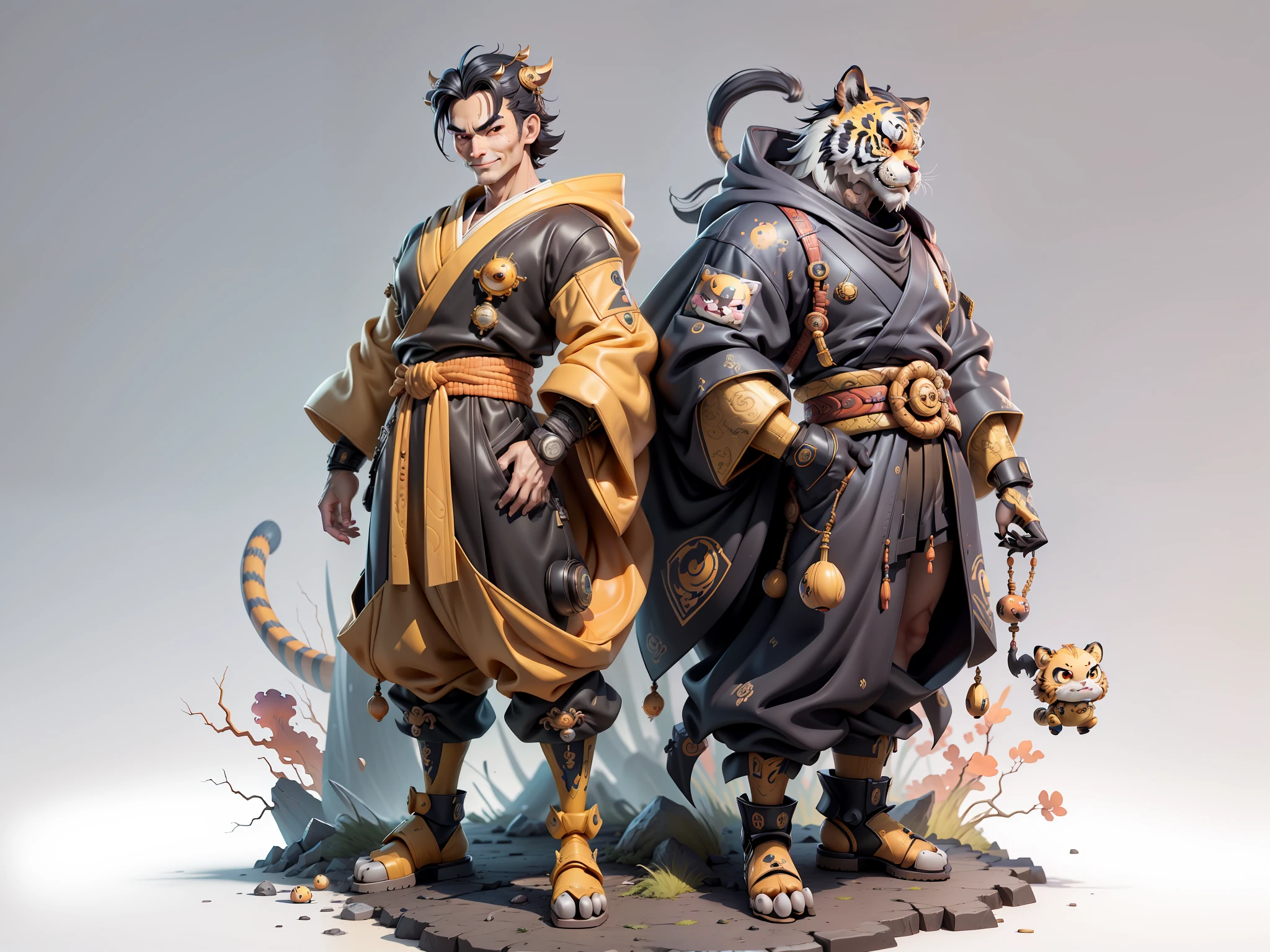 (Masterpiece), (Extreme Quality), (Super Meticulous), (Full Body: 1.2), Super Young Woman, Japanese Female Geisha, Beauty, Chinese Dragon, Tiger, Fengshen Thor, Sexy, Bursting, Oriental Face, TV Anchor, Bust Portrait Illustration, Alone, Black Suit, Blue Tie, Slightly Chubby, Very Clean Face, No Beard, Black Super Short Hair, Black Eyes, Confident Smile, 3c Computer Sub-Products, iPad, iPhone, Digital Painting, 3D character design by Mark Clairedon and Pixar and Hayao Miyazaki and Akira Toriyama, the illustrations are HD illustrations in 4K resolution with highly detailed facial features and cartoon-style visuals.