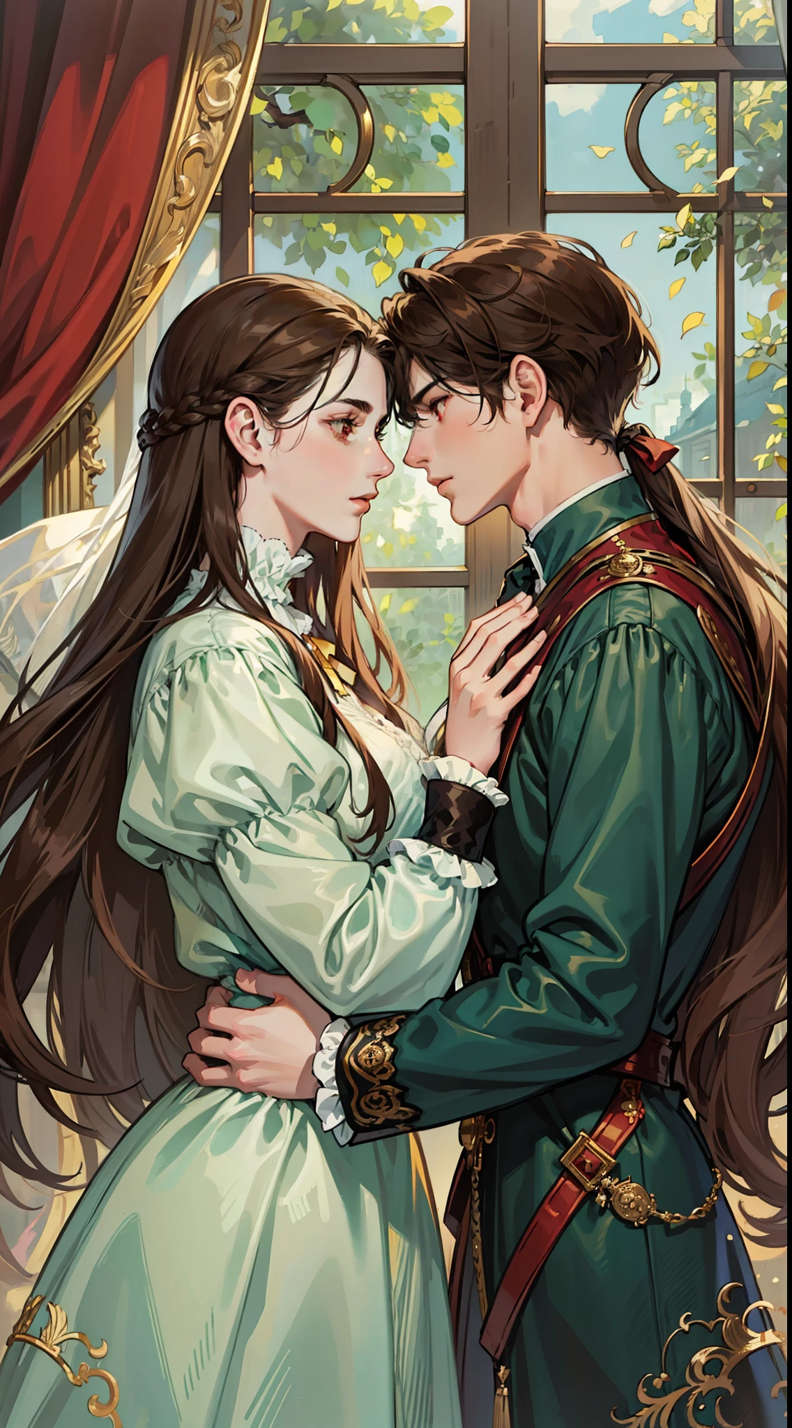 ((masterpieces)), best quality, outstanding illustration, a couple kissing, soft focus, 1 boy with long black hair, RED EYES, 1 girl with long brown hair, BROWN EYES, Victorian clothes, Victorian romanticism, opulent and exquisite atmosphere, soft light and warm lighting.