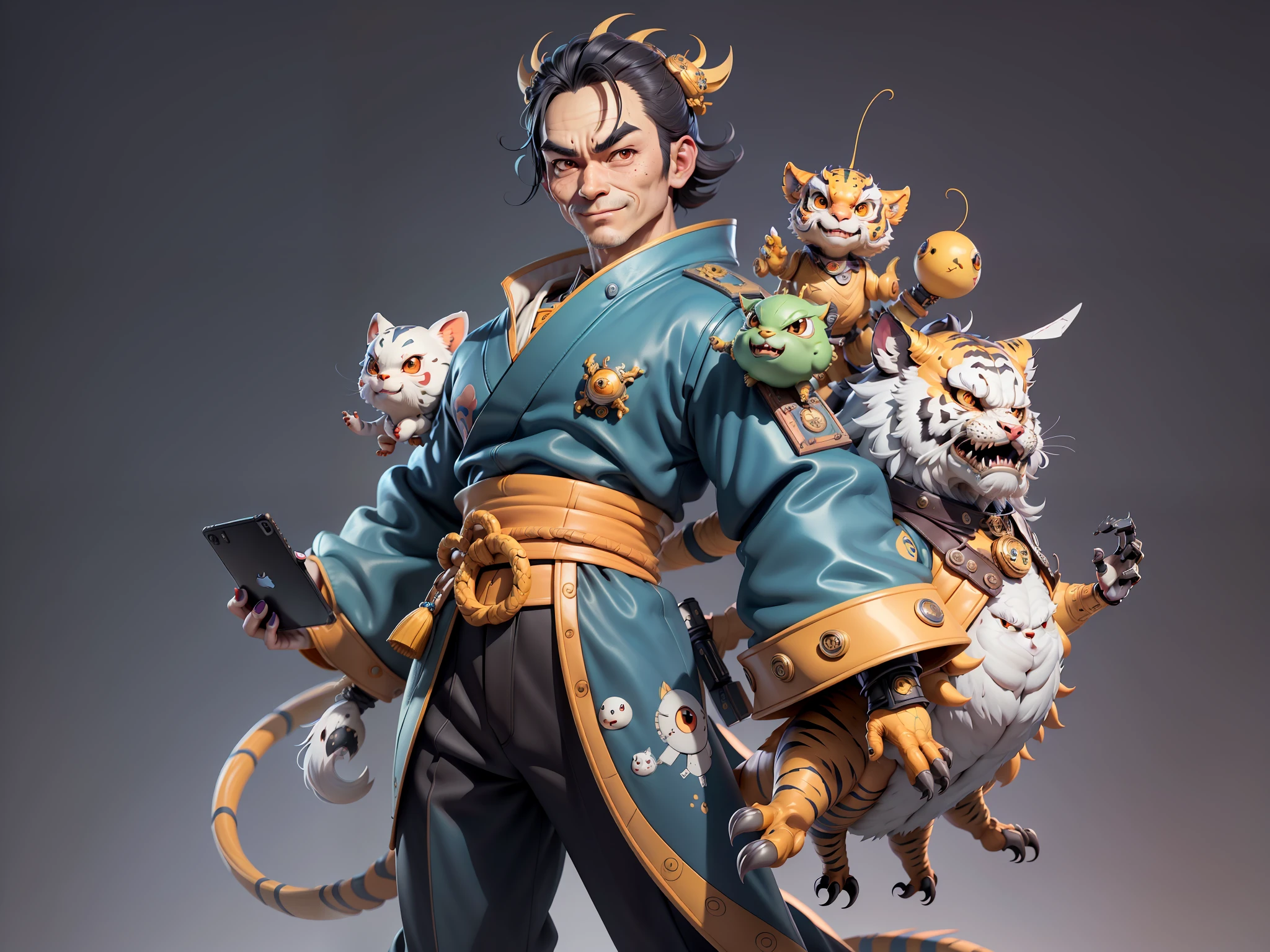 (Masterpiece), (Extreme Quality), (Super Meticulous), (Full Body: 1.2), Super Young Woman, Japanese Female Geisha, Beauty, Chinese Dragon, Tiger, Fengshen Thor, Sexy, Bursting, Oriental Face, TV Anchor, Bust Portrait Illustration, Alone, Black Suit, Blue Tie, Slightly Chubby, Very Clean Face, No Beard, Black Super Short Hair, Black Eyes, Confident Smile, 3c Computer Sub-Products, iPad, iPhone, Digital Painting, 3D character design by Mark Clairedon and Pixar and Hayao Miyazaki and Akira Toriyama, the illustrations are HD illustrations in 4K resolution with highly detailed facial features and cartoon-style visuals.