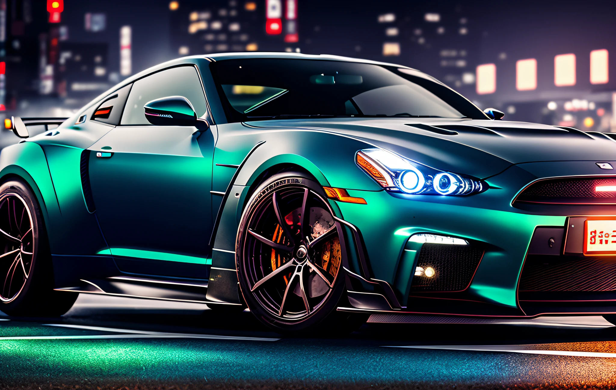 (Masterpiece, highest quality), (8k, RAW photo, highest quality, masterpiece: 1.2), (realistic, photorealistic: 1.37), ultra detail, car focus, backlight, lens flare, depth of field, car, sports car, (Midnight Drift: 1) photo, fusion of GTR35 and Fairlady Z, The color of the car body is black, the front light is round and the beam light is on, the paint is three-color, The tire is a tarmac slick tire, runs late at night in the center of Tokyo, 180 km / h, the front skirt is a sharp small design, the overall design is like a Gundam, the driver is a beautiful Japan woman, street lights shine, time-lapse, glazed paint, back skirt is integrated, large left and right even cyber design, moonlight, sunny midnight, building street, shopping street, bay, smoke from tires, wind expression, You can see the slip smoke screen of the tires, the color of the light is blue and normal many,