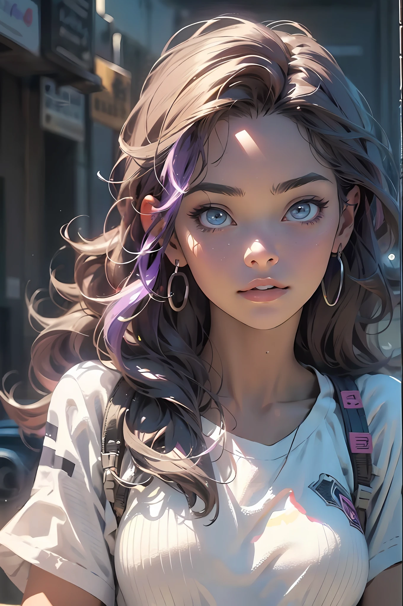 melancholy lighting, quiet, calm, brightness, masterpiece, best quality, 1girl, (JinxLol:1.2), (ultra photorealistic:1.3), (masterpiece:1.4), best quality, ((realistic)), high quality, ultra detailed, ((real image)), ((realistic skin)), ((realistic face)),(illustration:1.05), (beautiful:1.05), (beautiful detailed eyes:1.05), (cinematic light:1.1), purple and pink on the detacks, full body, black and blue clothing, white sneakers