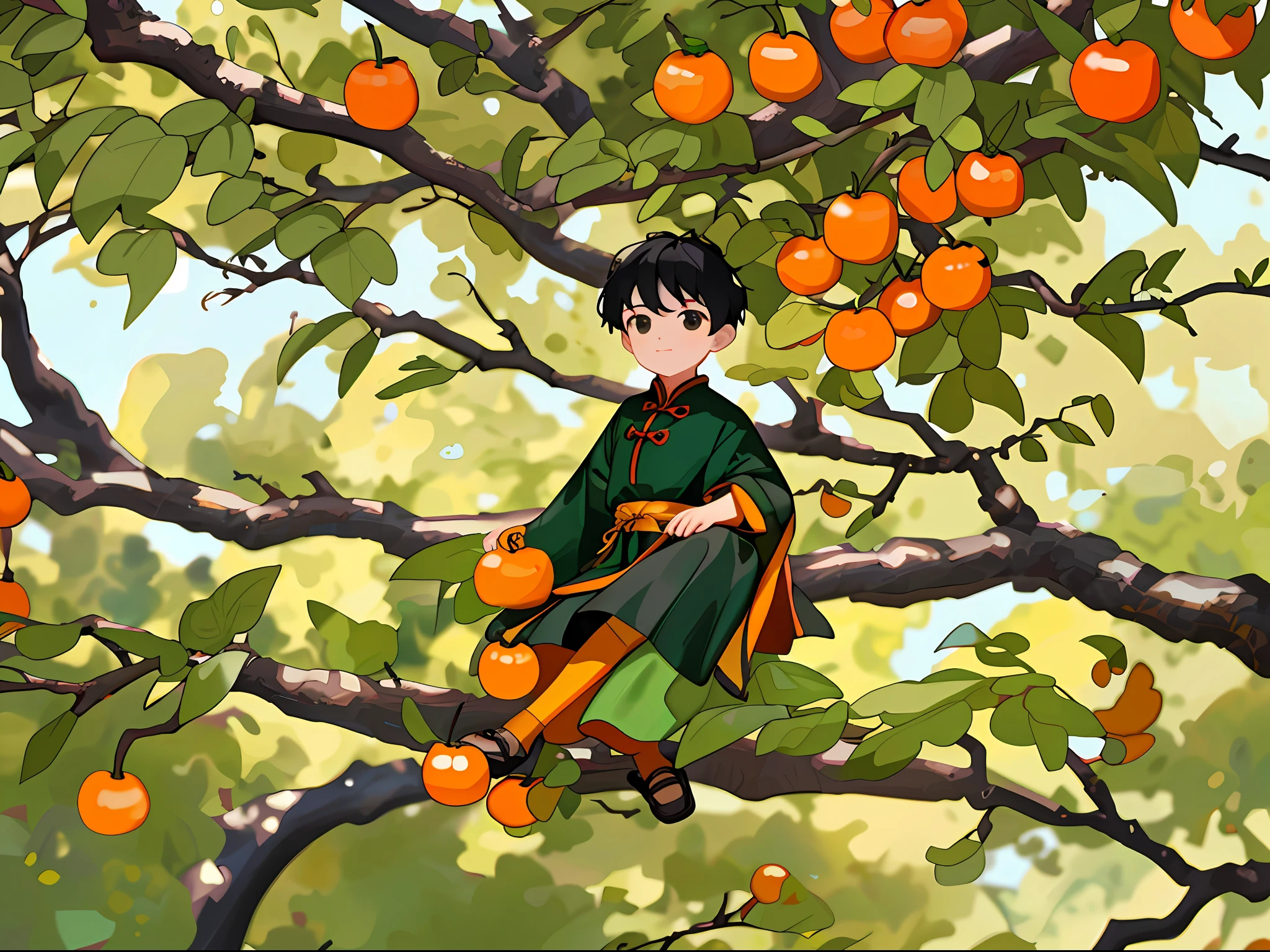 8k, masterpiece, high quality, a boy, black hair and black eyes, oil painting, Q version, green long sleeves, Chinese children's clothing, under a tree, sitting and eating persimmons