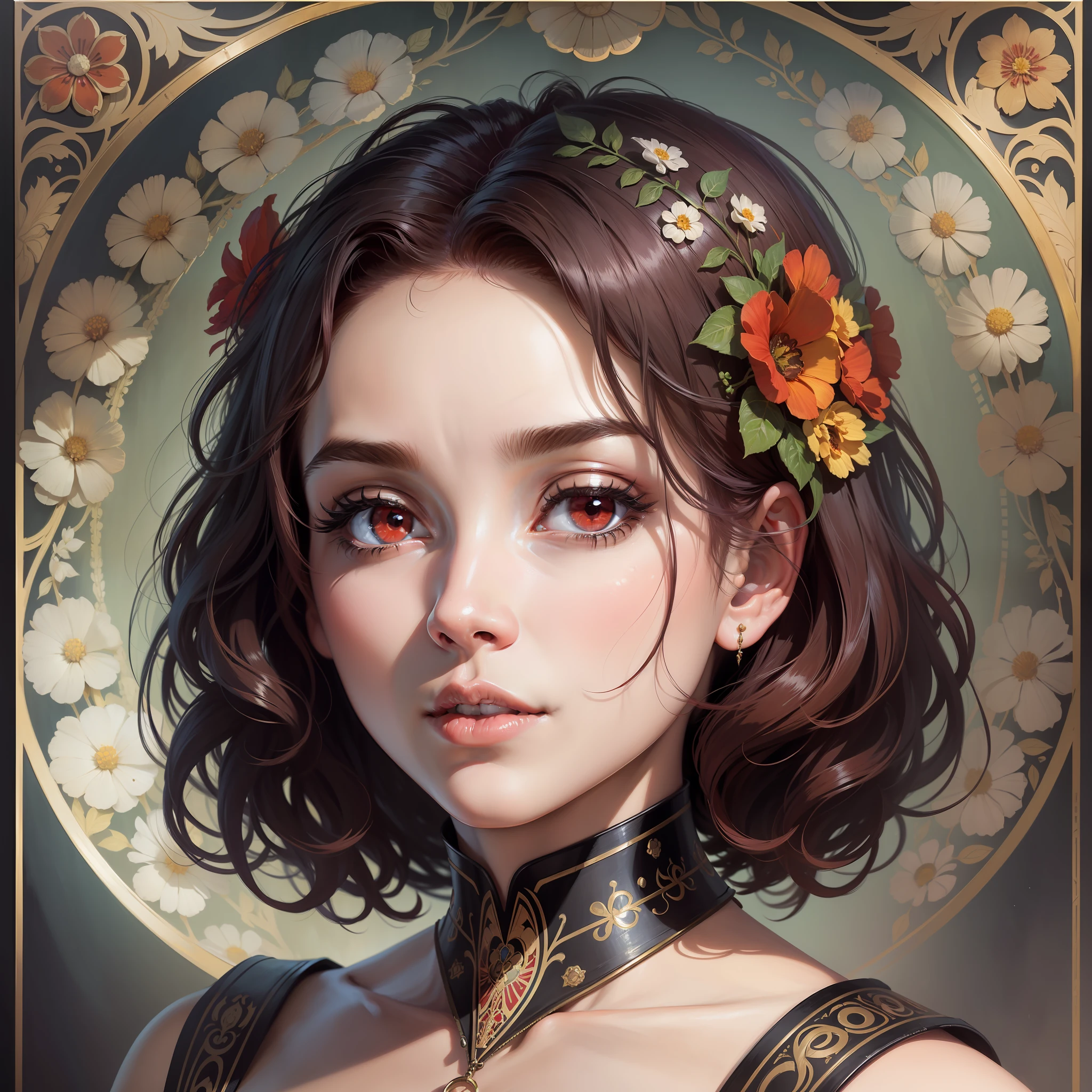 masterpiece, best quality, 8k, raw, canon 5d, f/1.8, iso 6400, wide angle, realism, movies, posters, photos, (detailed face), a beautiful woman, thin, black background, flower details, intricate, short red hair, symmetrical painting, wonderful, by Alphonse Mucha