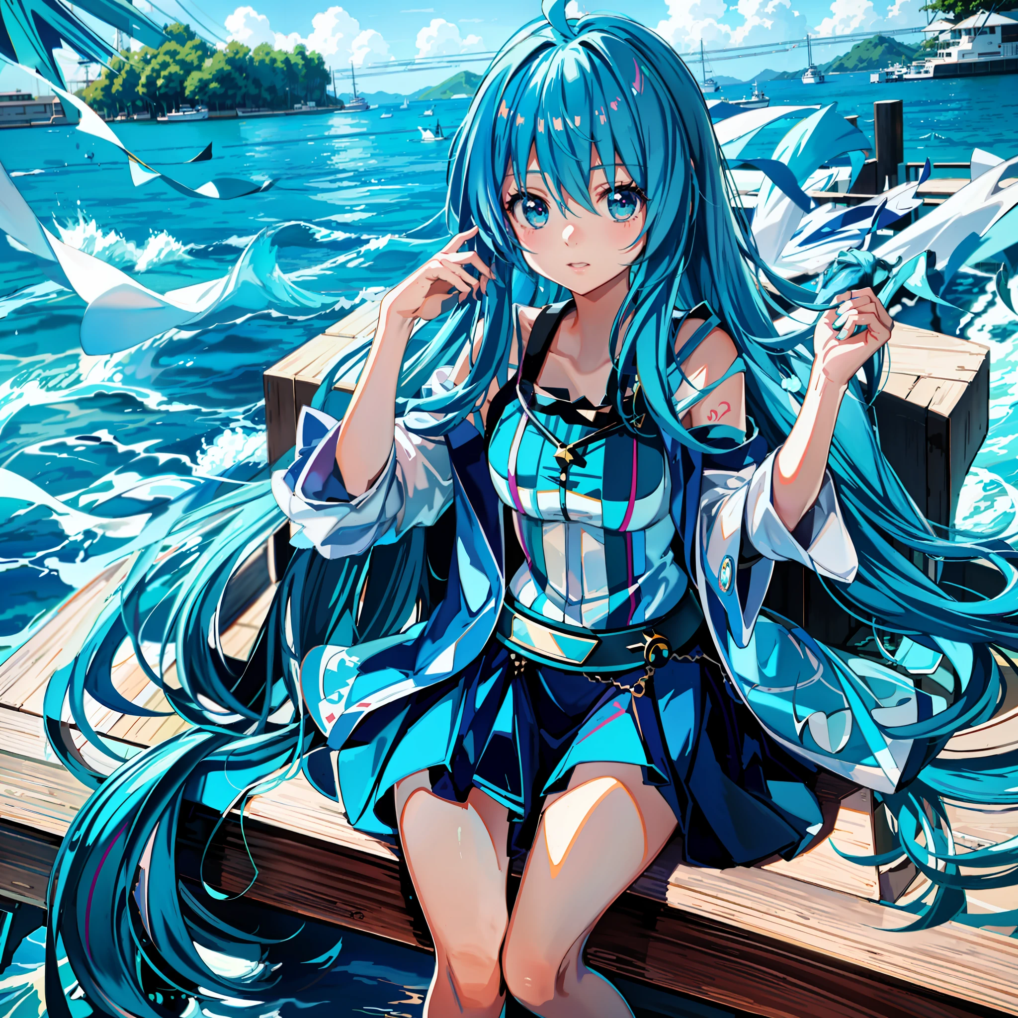 anime girl with blue hair sitting on a dock by the water, anime girl with teal hair, mikudayo, anime moe artstyle, anime style 4 k, high quality anime artstyle, wallpaper anime blue water, anime artstyle, portrait of hatsune miku, miku, beautiful anime art style, official artwork, beautiful blue haired girl, beautiful anime girl, hd artwork