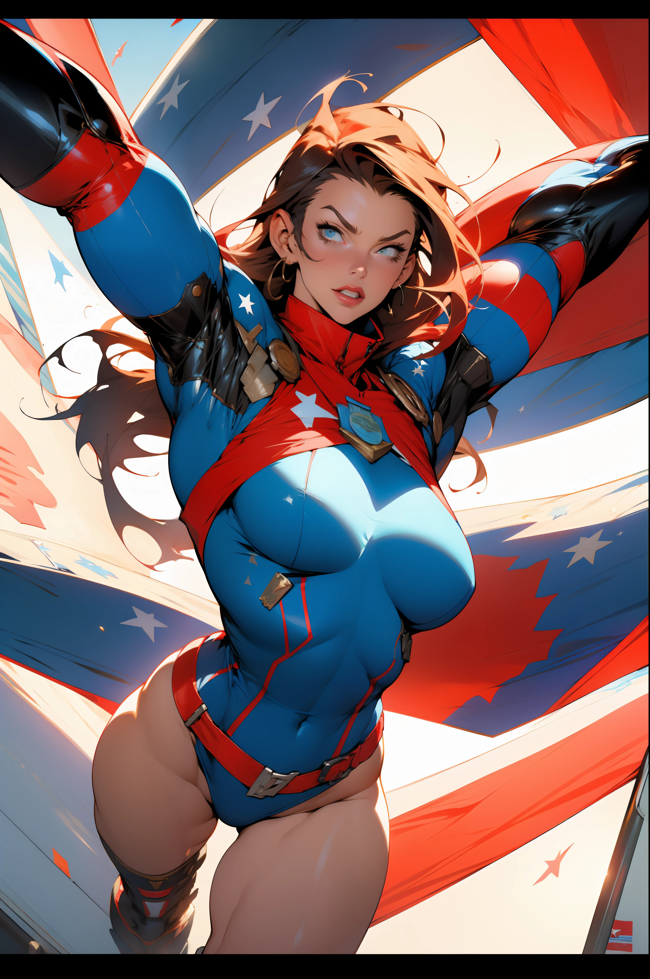(((Simon Bisley))), (((flag))), Mature woman 35 years muscular beautiful, (((full body)))), , giant robot pilot, wild with perfect body, bare thighs, wearing little clothing, dark blue clothing with white stars, red with white stripes, tiny thong, hoarse with the colors of the United States flag, sensual pose, pose with attitude, add movements, large breasts, technological scenery
