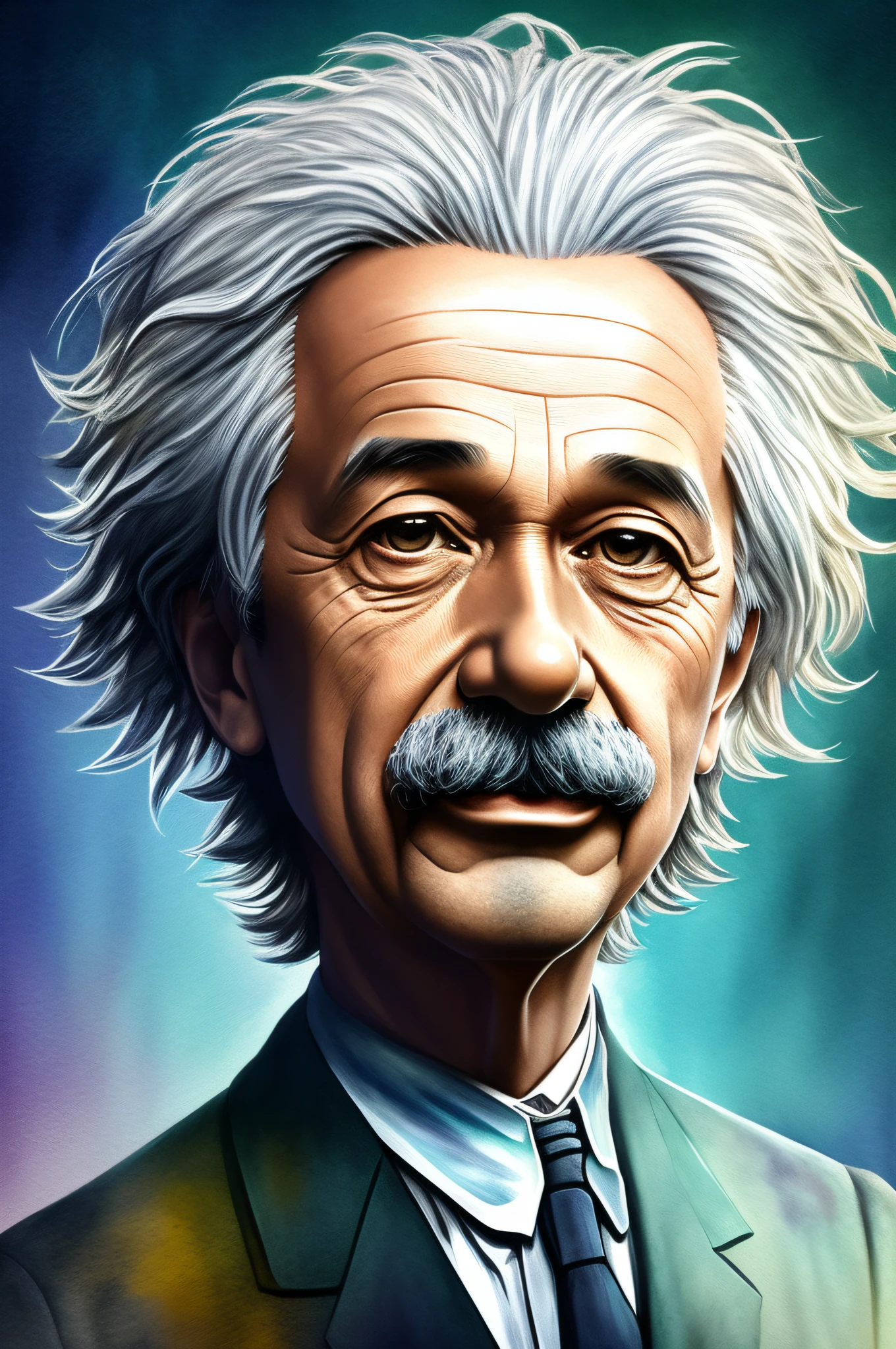 Character portrait of Albert Einstein, standing on stage, side profile, caricature, chibi, kawaii,3d rendering, octane rendering, volumetric light, victorian fashion, metallic, highly-detailed symmetric face, detailed eyes, ultra sharp, highest quality, art by Anja Millen and George Cruikshank and Bordalo II, smooth, sharp focus, trending on artforum, behance hd, kids story book style, muted colors, watercolor style